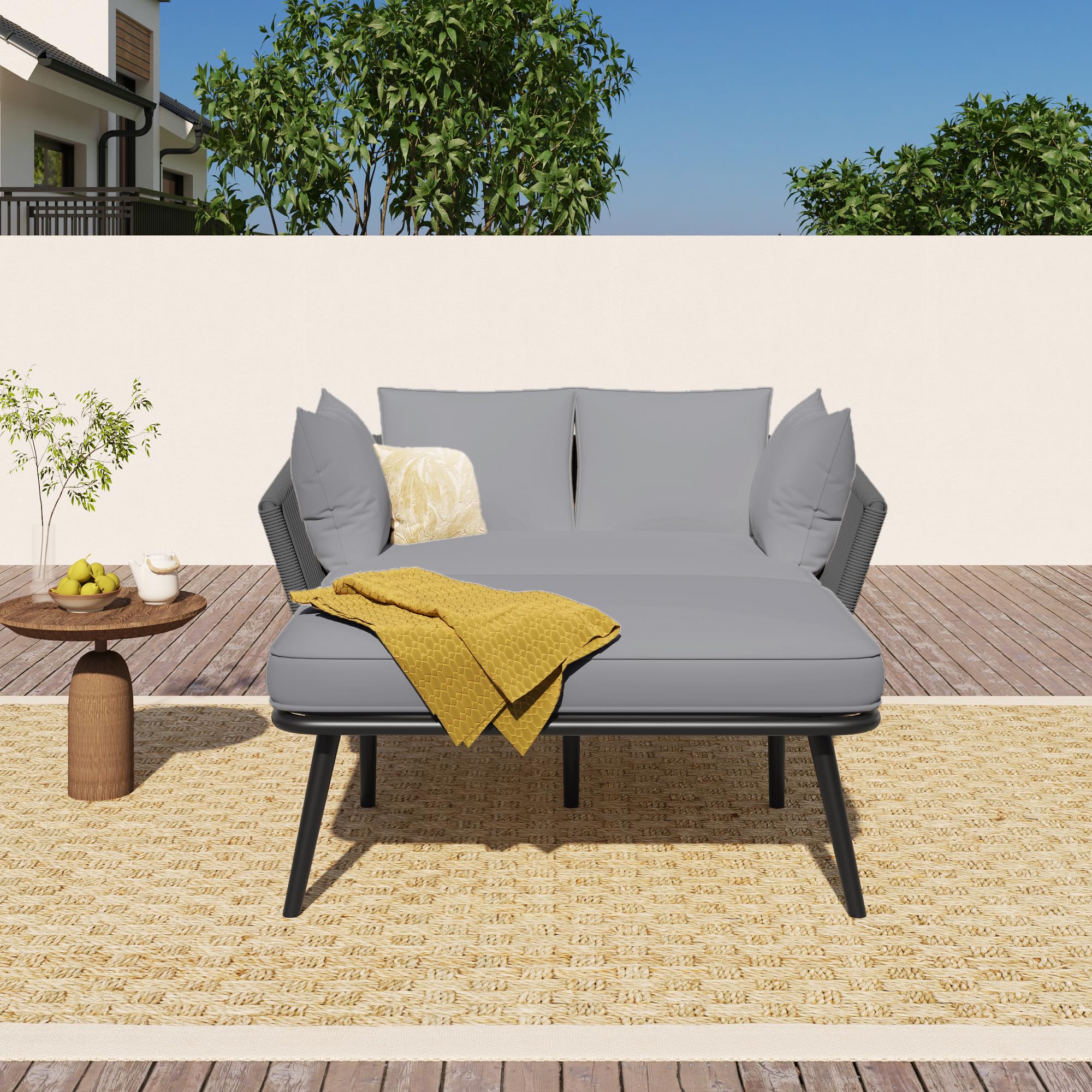 Merax Gartensofa 2-Sitzer, Outdoor Sofa, mit 2 Kissen und 2 Polster, Sonnenliege im Außenbereich, Gartenlounge, Balkonmöbel-Set, Loungemöbel, Terrassenmöbel, Grau