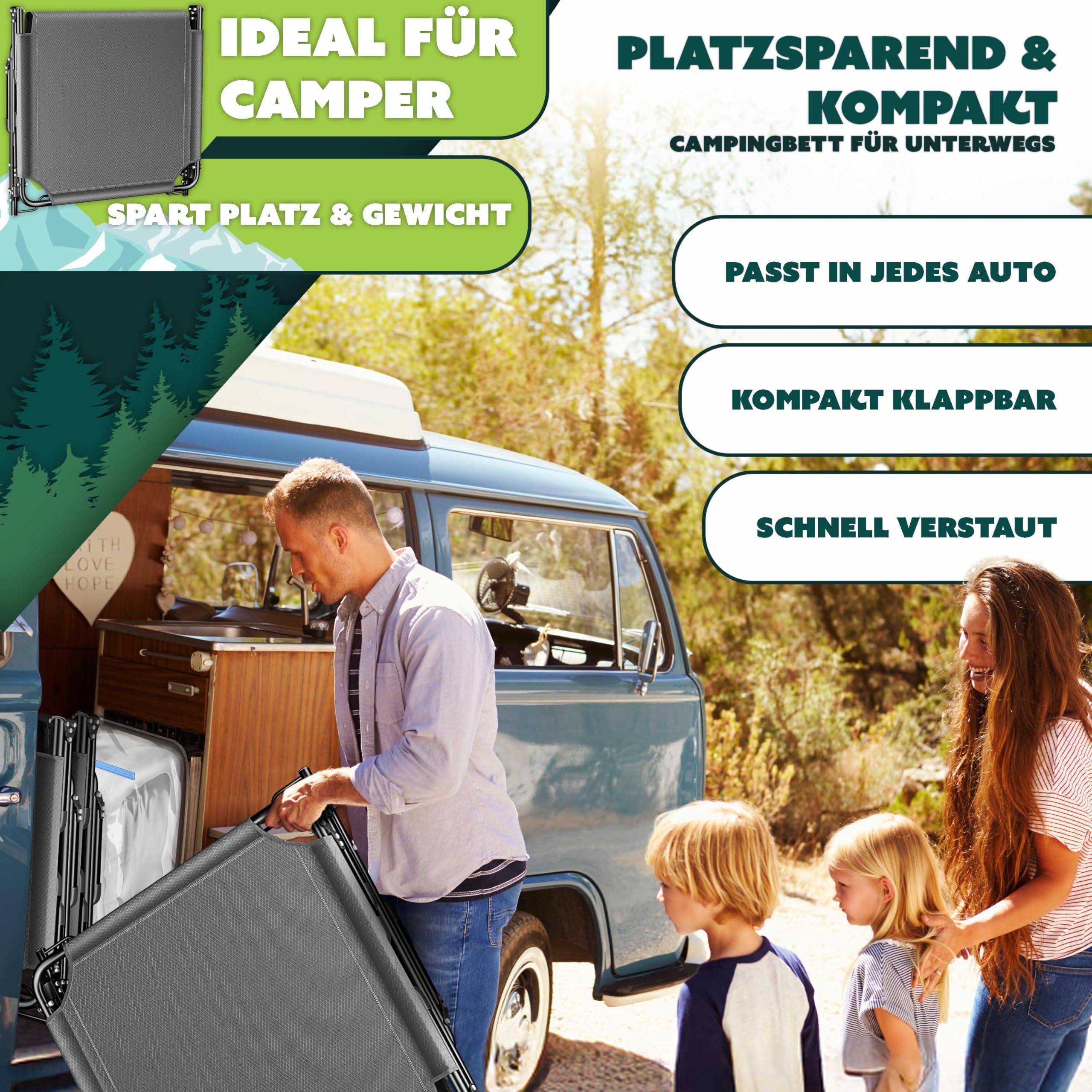 KESSER® Campingbett Feldbett klappbar 190x68x30cm bis 250kg belastbar aus Oxford-Gewebe & stabilem Stahlgerüst, Sonnenliege für Camping inkl. Tragetasche, Nackenkissen, Seitentasche & Getränkehalter