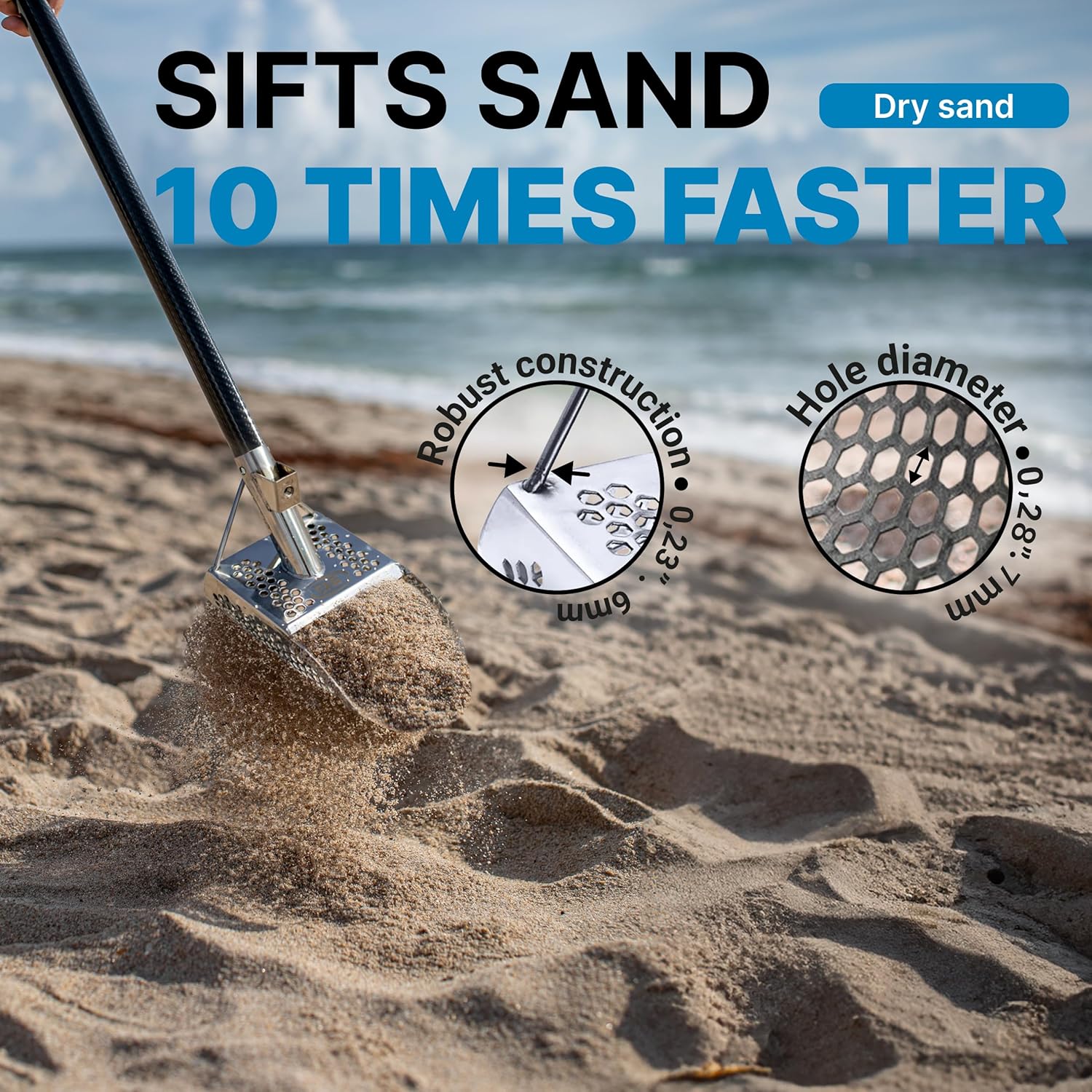 CKG Sand Scoops for Beach Metal Detecting Stainless Steel Beach Metal Detecting Shovel Underwater Treasure Hunting, Metal Detector Accessories(Bag + Scoop + Carbon Fiber Handle), (Hex-7 + Handle)