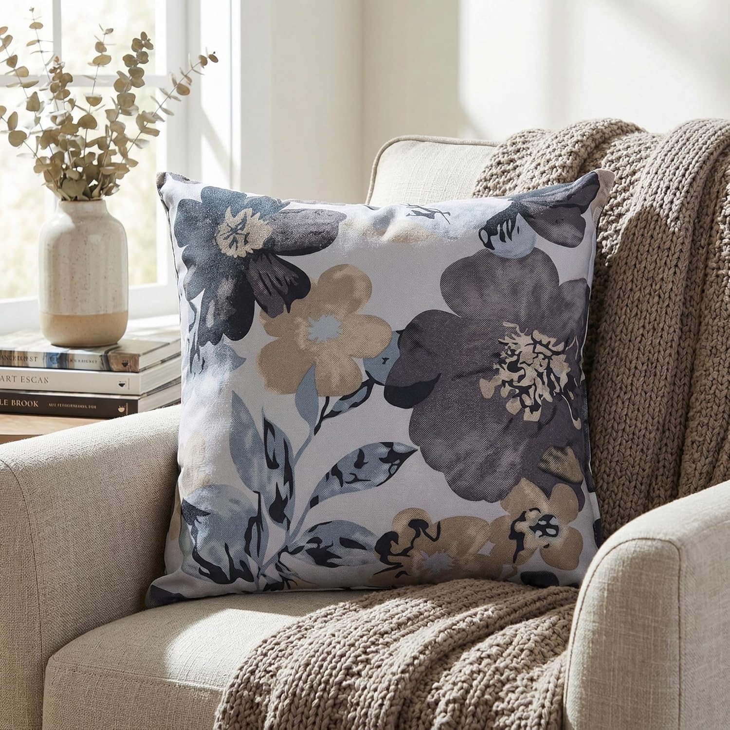 Cortesi Home Oppy Decorative Square Accent Pillow, Blue Flower Print 16x16