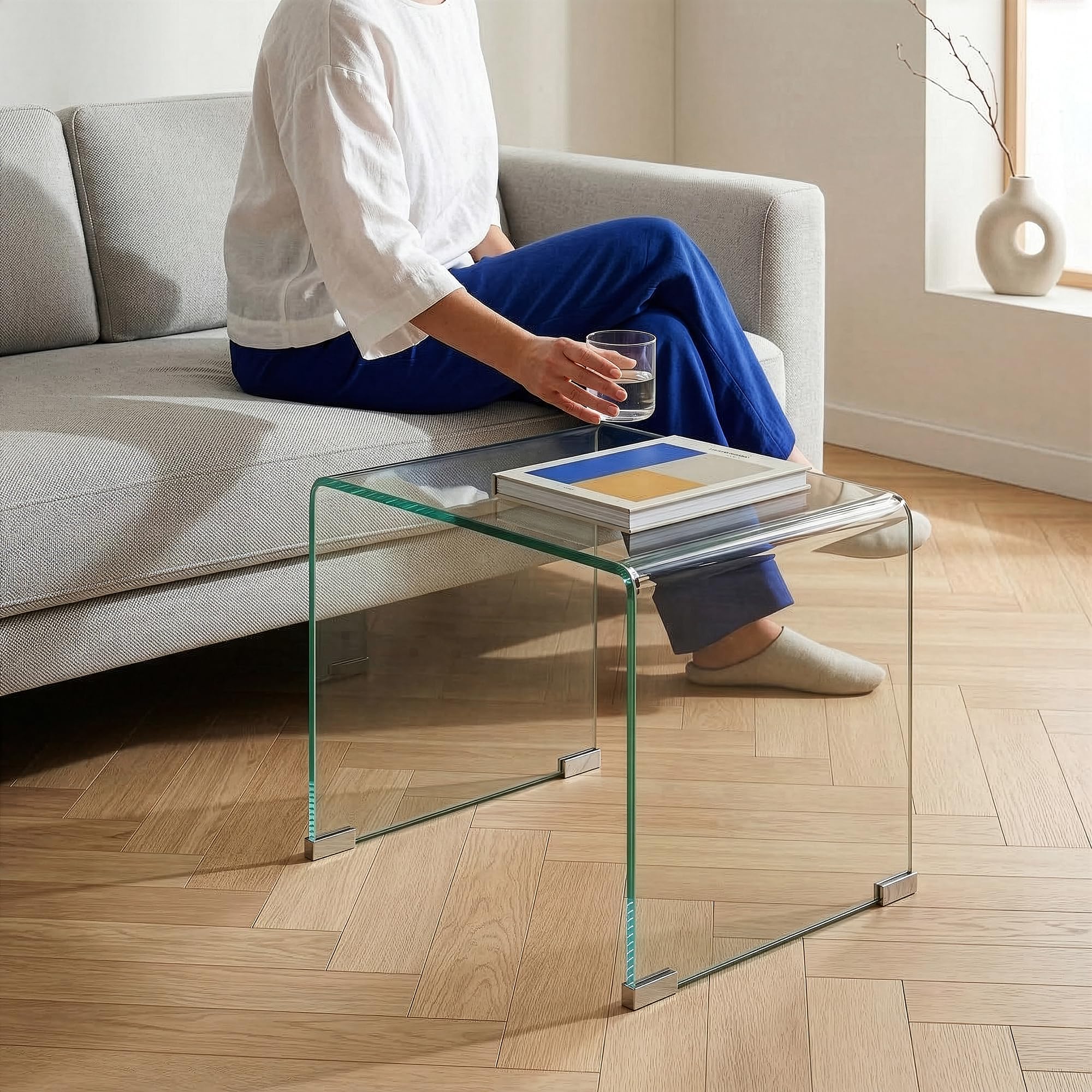 [en.casa] Tavolino da Caffè in Vetro Temperato Tavolo Basso Laterale da Divano Salotto con Piano Quadrato per Soggiorno Studio Living 50 x 50 x 50 cm - Trasparente