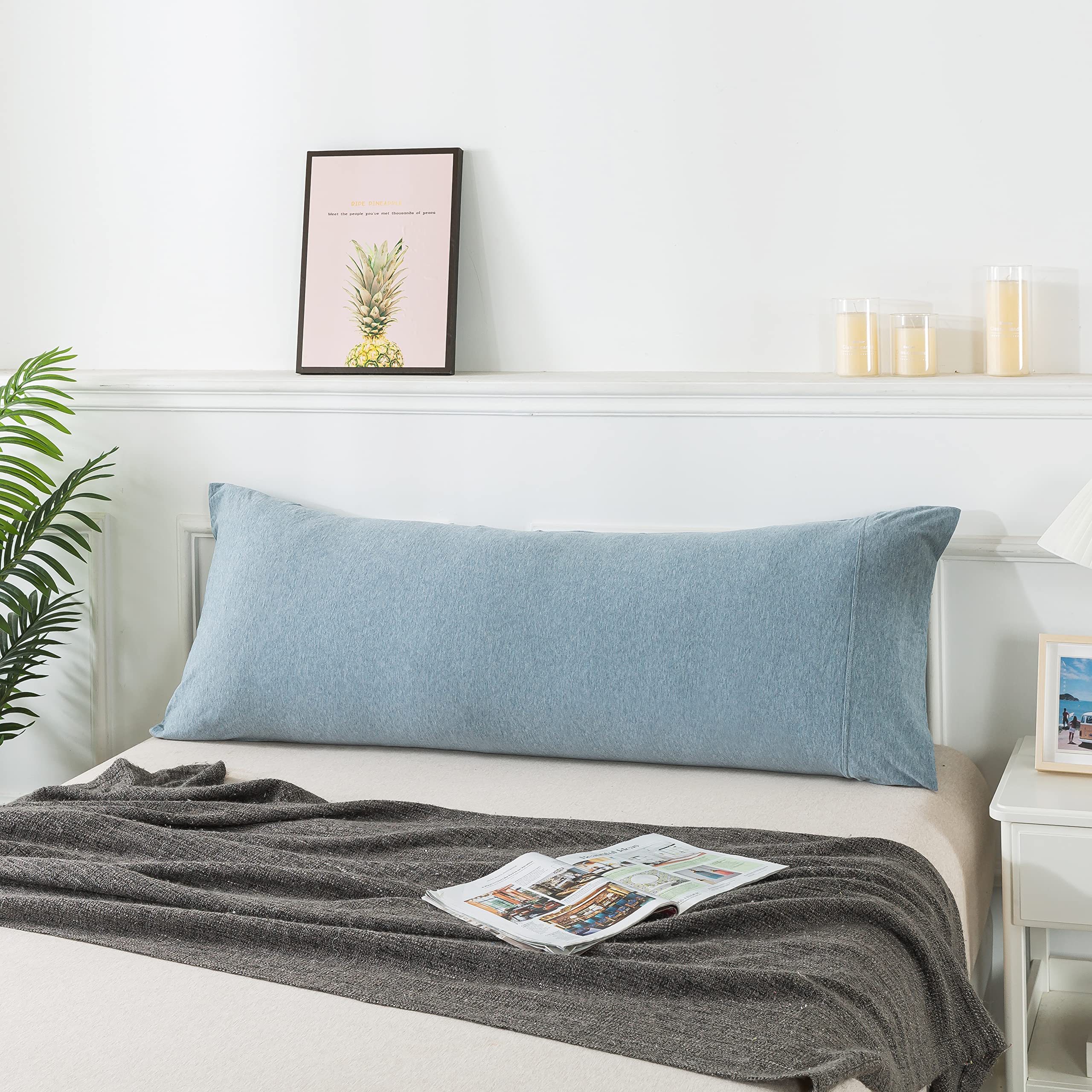 Household 100 Jersey Cotton Pillowcase 20 x54 -Super Soft Pillow Case with Envelope Closure Blue Gray Body Size