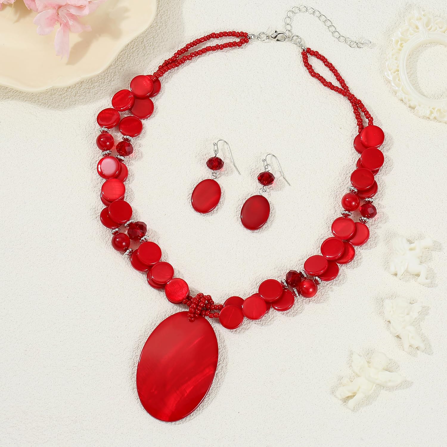 Multi-Strand Shell Beads Statement Necklace and Earrings Set for Women Oval Shell Pendant Choker Necklace Set Chunky Big Colorful Glass Stone Beaded Jewelry Gift - Image 2