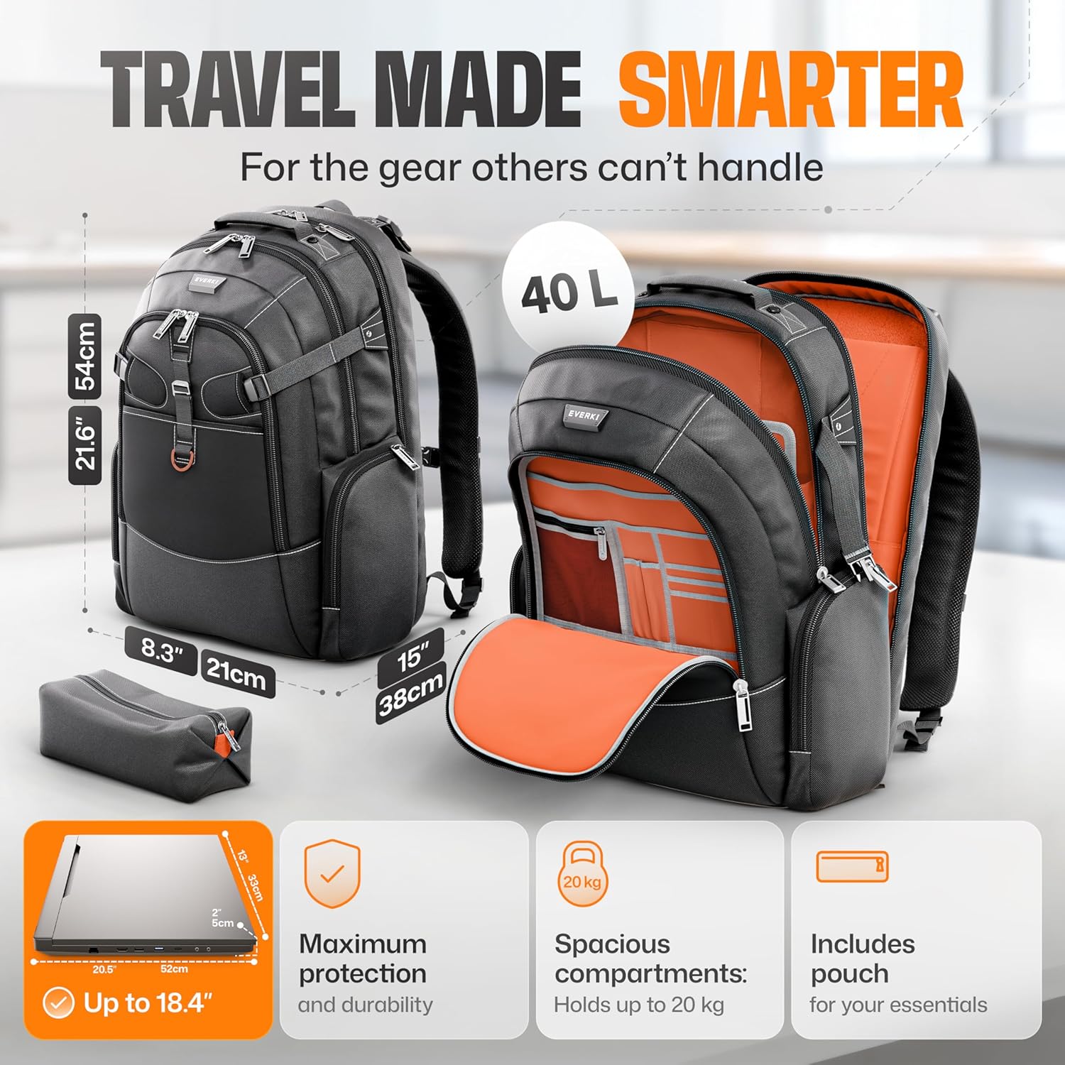 EVERKI Business 120 Laptop Backpack 40L with Rain Cover - Large Compartment Fits Up To 18.4", Travel Friendly Lightweight Business & Office Bag, 180° Fold-Out Design, Multiple Padded Pockets, Black - Image 3