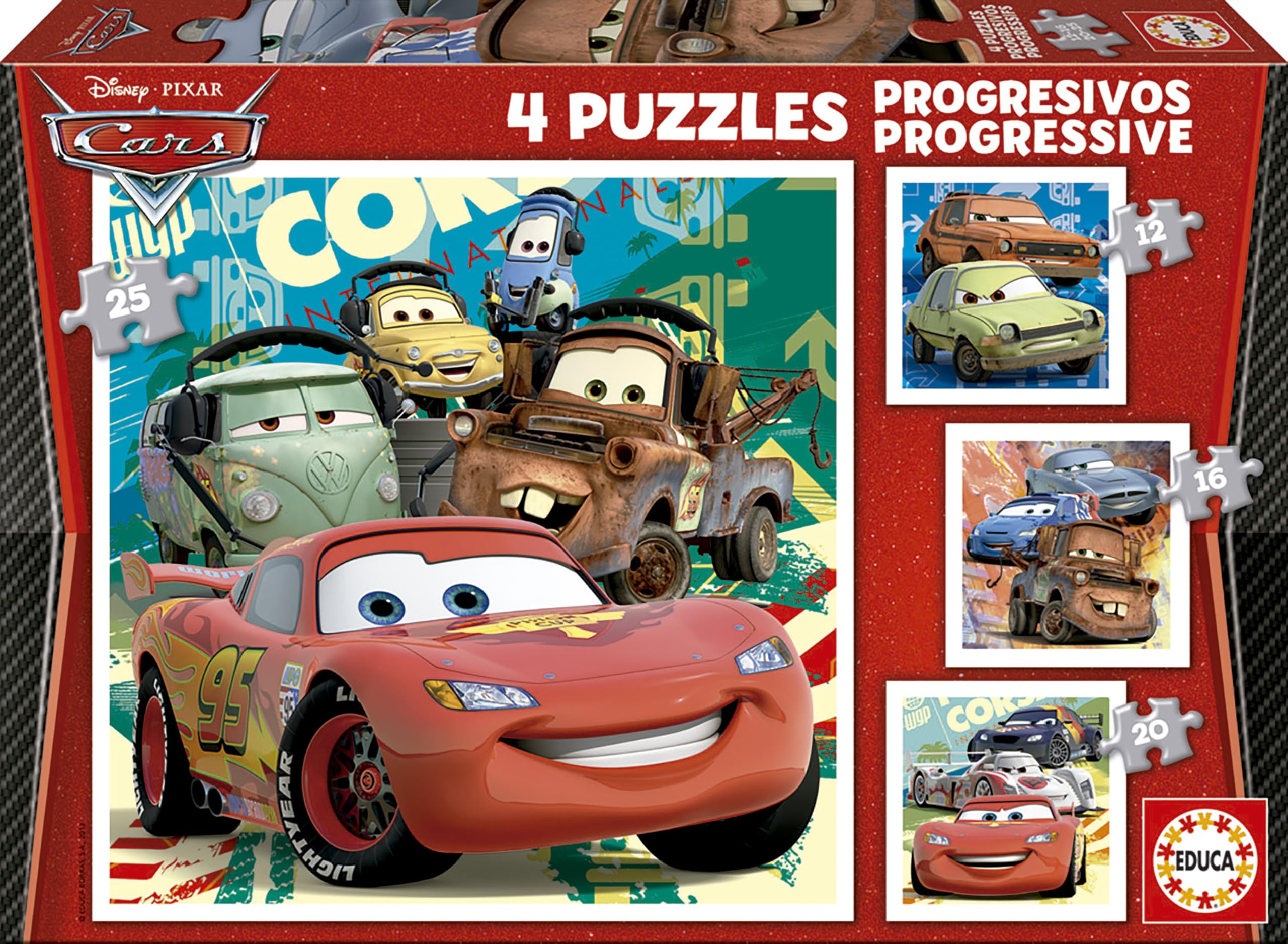 Educa - Progressive Cars 2 Puzzles with 12+16+20+25 Pieces | Pixar Character | Educational Learning Toy | Ages 3+ (14942)