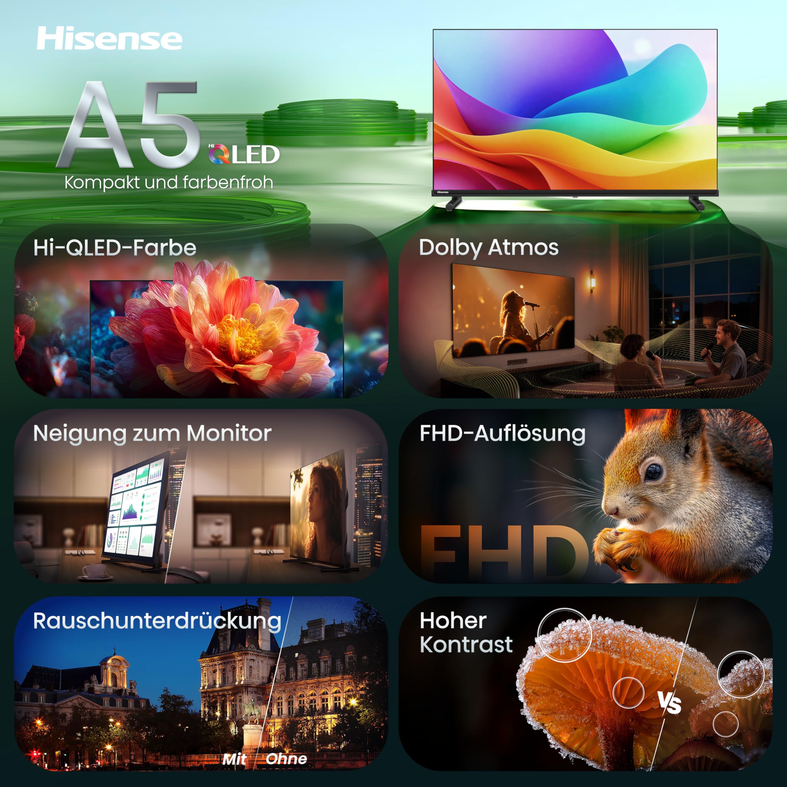 Hisense 32A5DS Fernseher 32 Zoll, FHD, QLED, Smart TV, 60Hz, Hi-QLED Colour, Dolby Atmos, Game Mode, Noise Reduction, Hohe Kontraste, Share to TV, HDR10, VIDAA OS