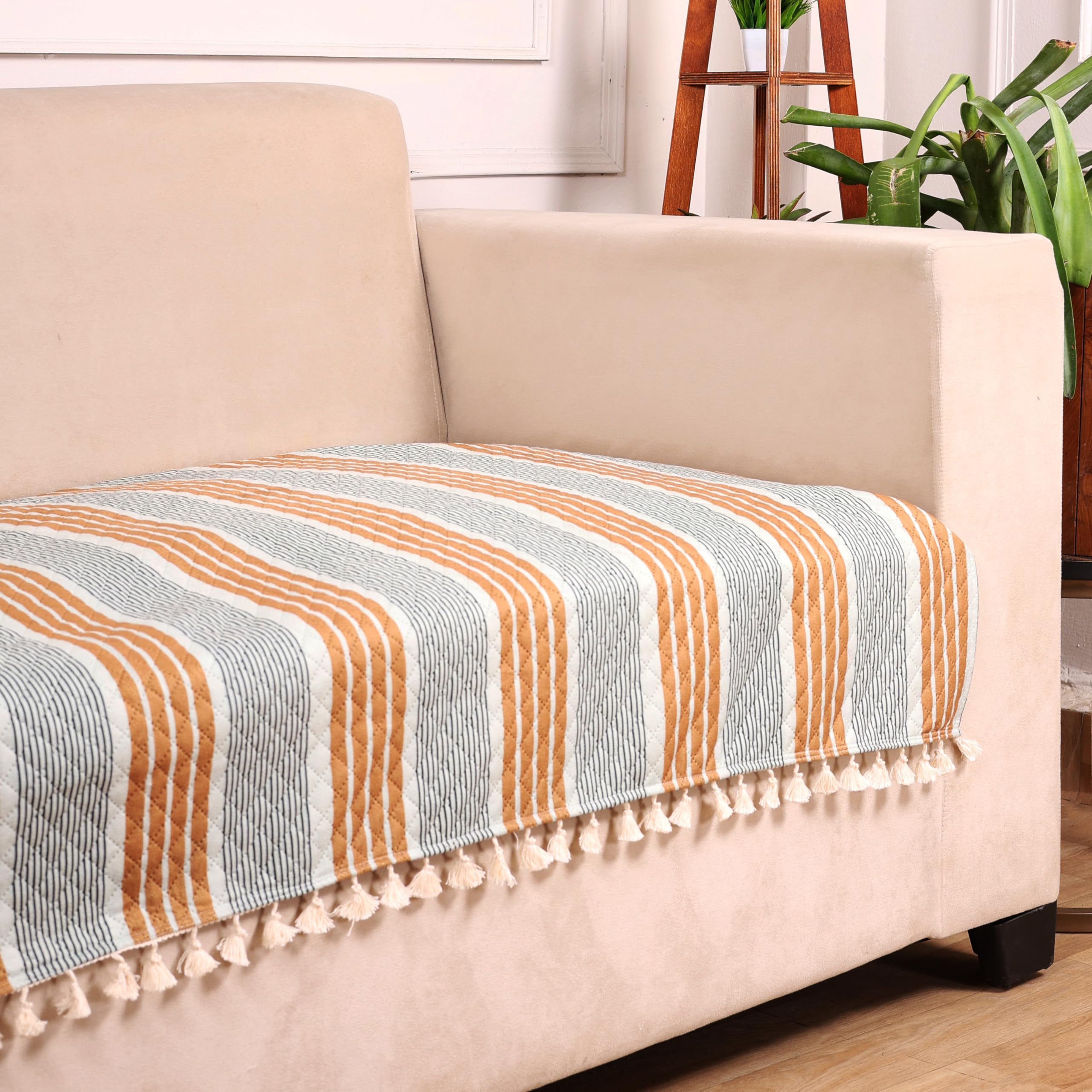 STITCHNEST 1 Seater Printed Quilted Velvet Sofa Slip Cover Protector with Tassels18