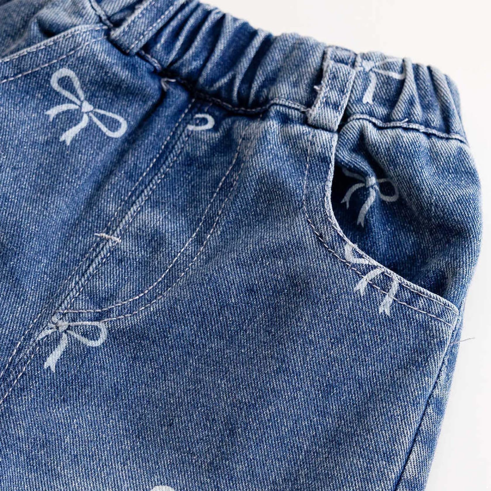Kinder Baby Mädchen Jeanshose Weite Gerade Süße Schleifenprint Denim Hose Mit elastischer Taille Und Taschen