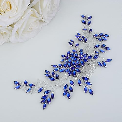 Miniatura 2 de Peine de pelo de flores de cristal con diamantes de imitación azules para boda, tocado nupcial, tocado de boda para novia para mujeres y niñas (azul)