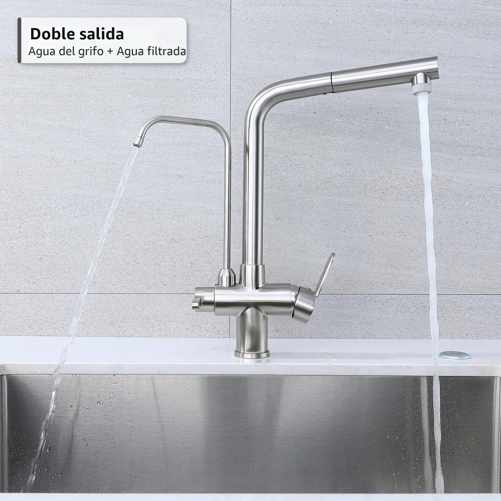 Grifo de Cocina Ósmosis 3 Vías con Ducha Extraíble, Giratorio 360°, Grifo Fregadero 3 en 1 para Agua Fría/Caliente y Agua Filtrada, Grifo para Ósmosis (cepillado)