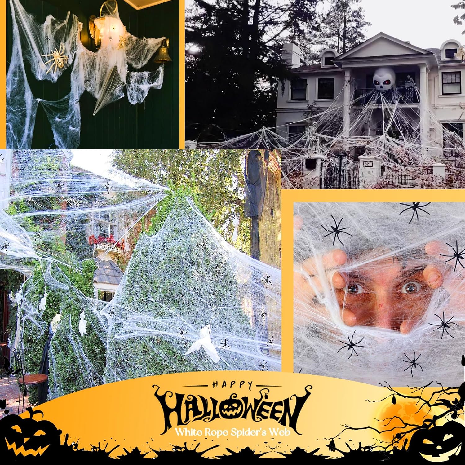 Daily Treasures Halloween Decoration Kit,300g Stretchable Spider Web & 59in Large White Rope Spider's Web& 32pcs Realistic Spiders,Spider Web Decoration for Lawn Home Party Indoors/Outdoors(1500sqft)