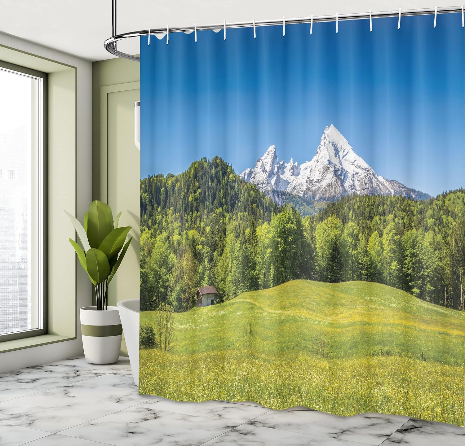 Ambesonne Germany Shower Curtain, Bavarian Alps Village of Berchtesgaden and Watzmann Germany, Cloth Fabric Bathroom Decor Set with Hooks, 69" W x 70" L, Forest Green Fern Green