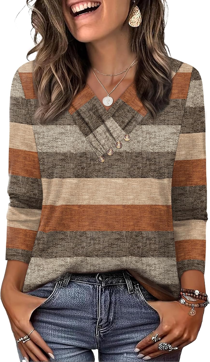 WIHOLL Long Sleeve Shirts for Women Fall Outfits V Neck T Shirts Button Down Tunic Tops Fashion Clothing image 2
