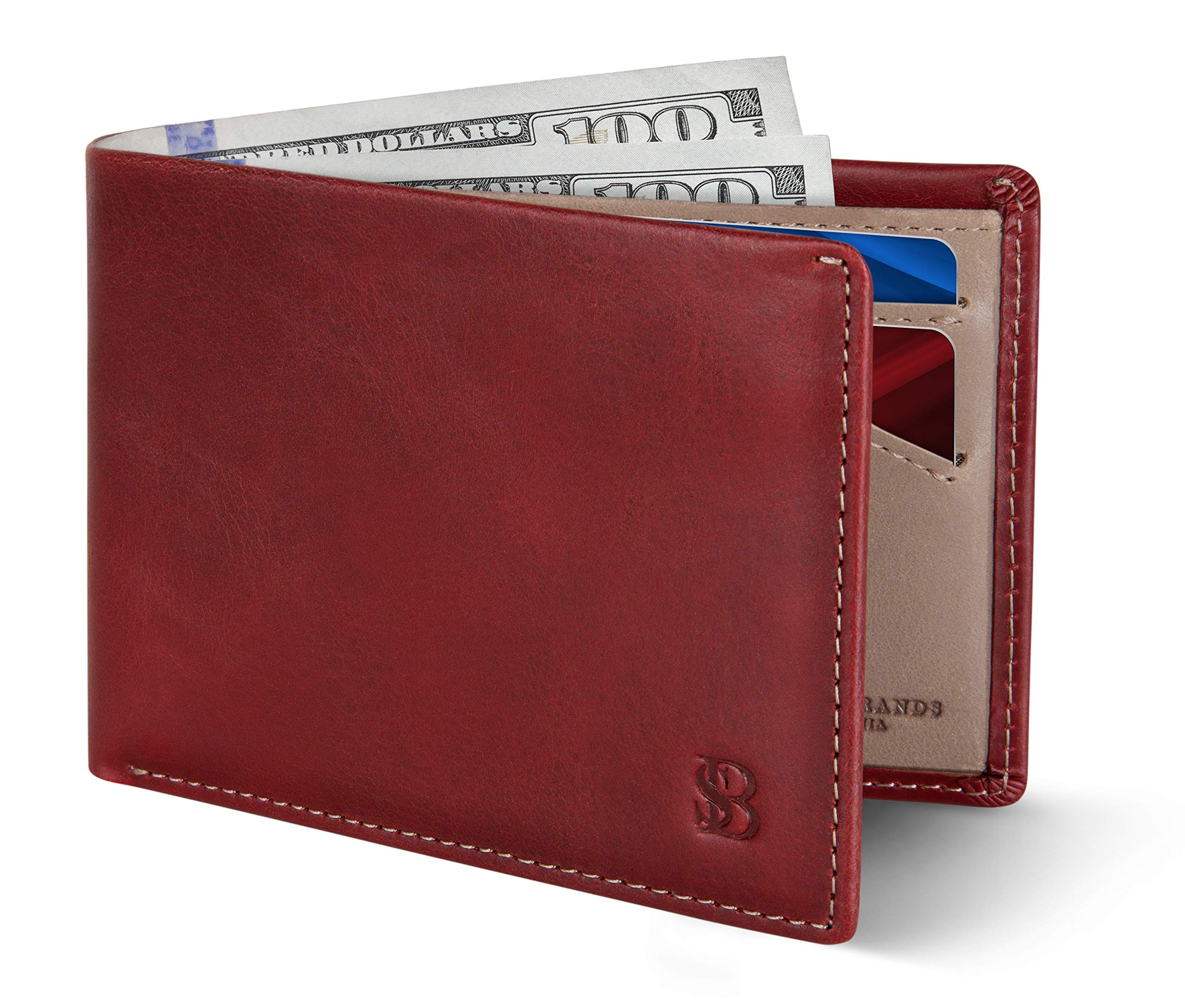 Mens Slim Bifold Wallet RFID Blocking Minimalist Front Pocket Full Grain Leather Wallets for Men - Thin & Stylish (Ruby Red Elite)