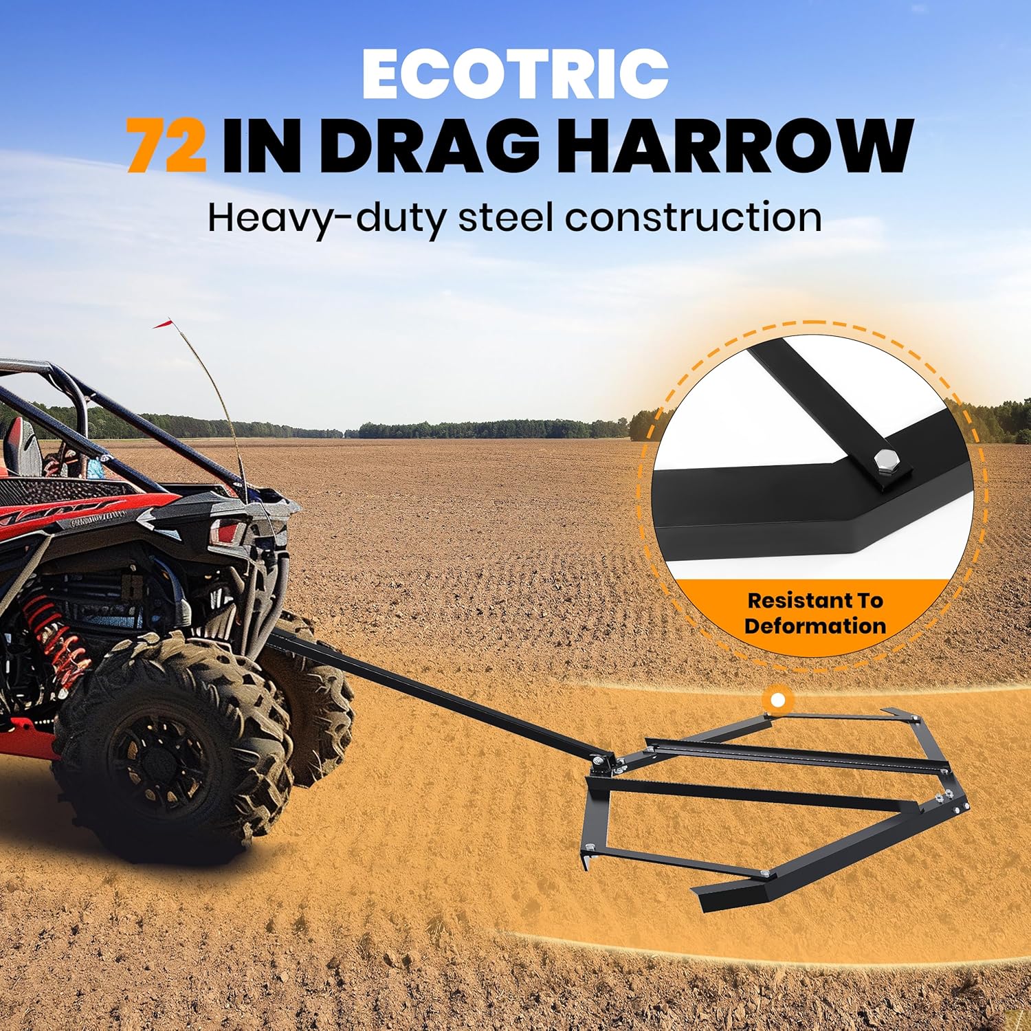 ECOTRIC Drag Harrow, 72" Width Heavy Duty Compatible with ATV UTV and Garden Tractor Tow Behind Landscape Drag Driveway Grader with Adjustable Pin-Style Hitch