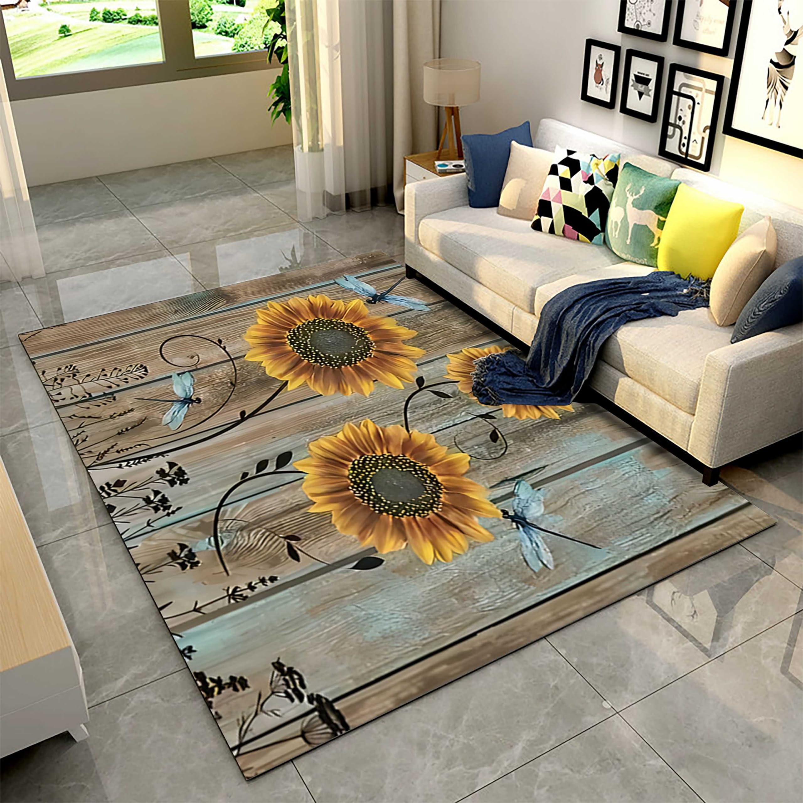 LHOMKCV Sunflower Area Rug, 5x6ft, Dragonfly Sunflower on Wooden Board Rug, Vintage Floral Indoor Rugs, Non-Slip Washable Floor Carpet for Kitchen