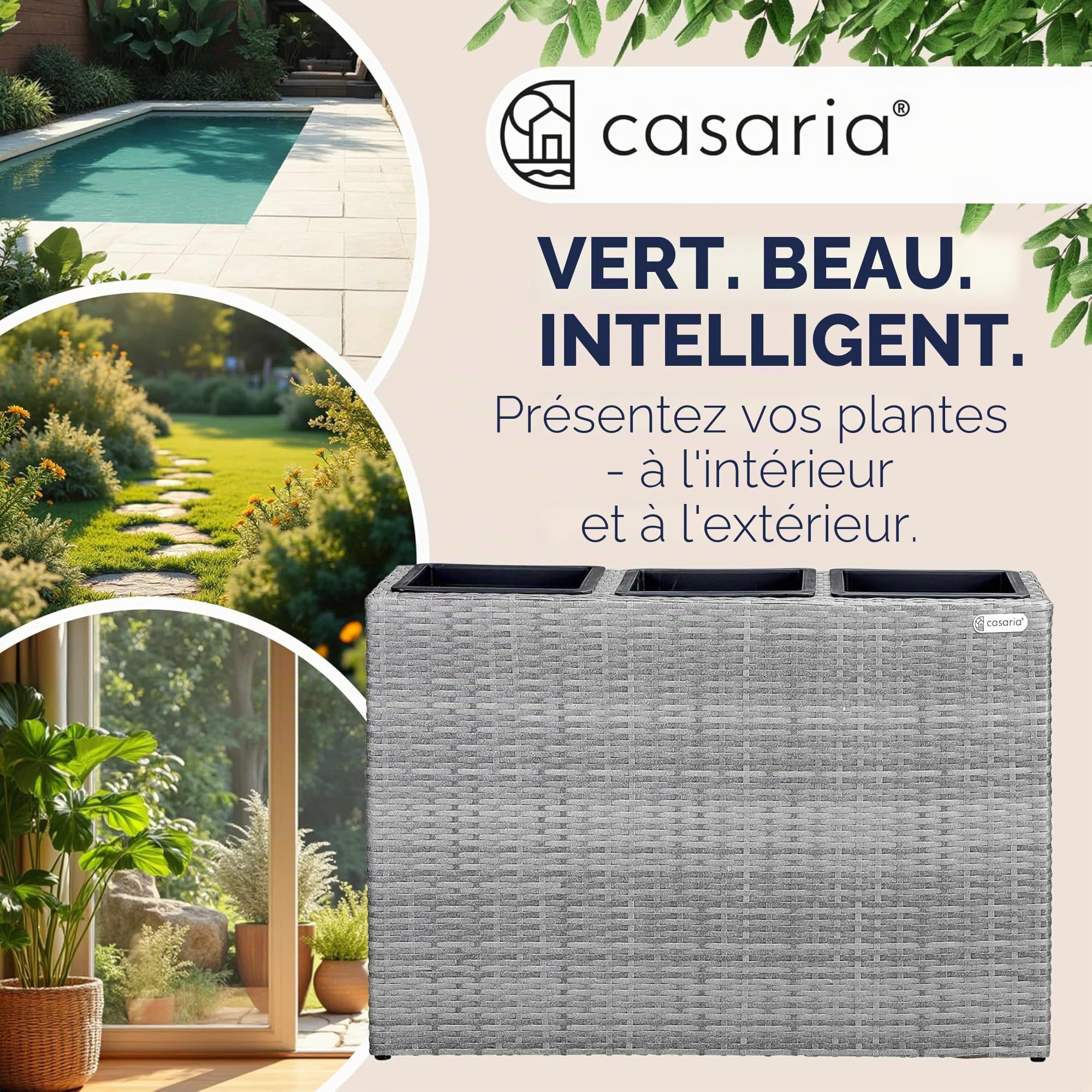CASARIA Bac à Fleurs Polyrotin Gris | Jardinière Verticale, Dimensions: 83x30,5x60 cm, Intérieur et Extérieur, 3x Pots Amovibles, Aspect Rotin, avec Drainage