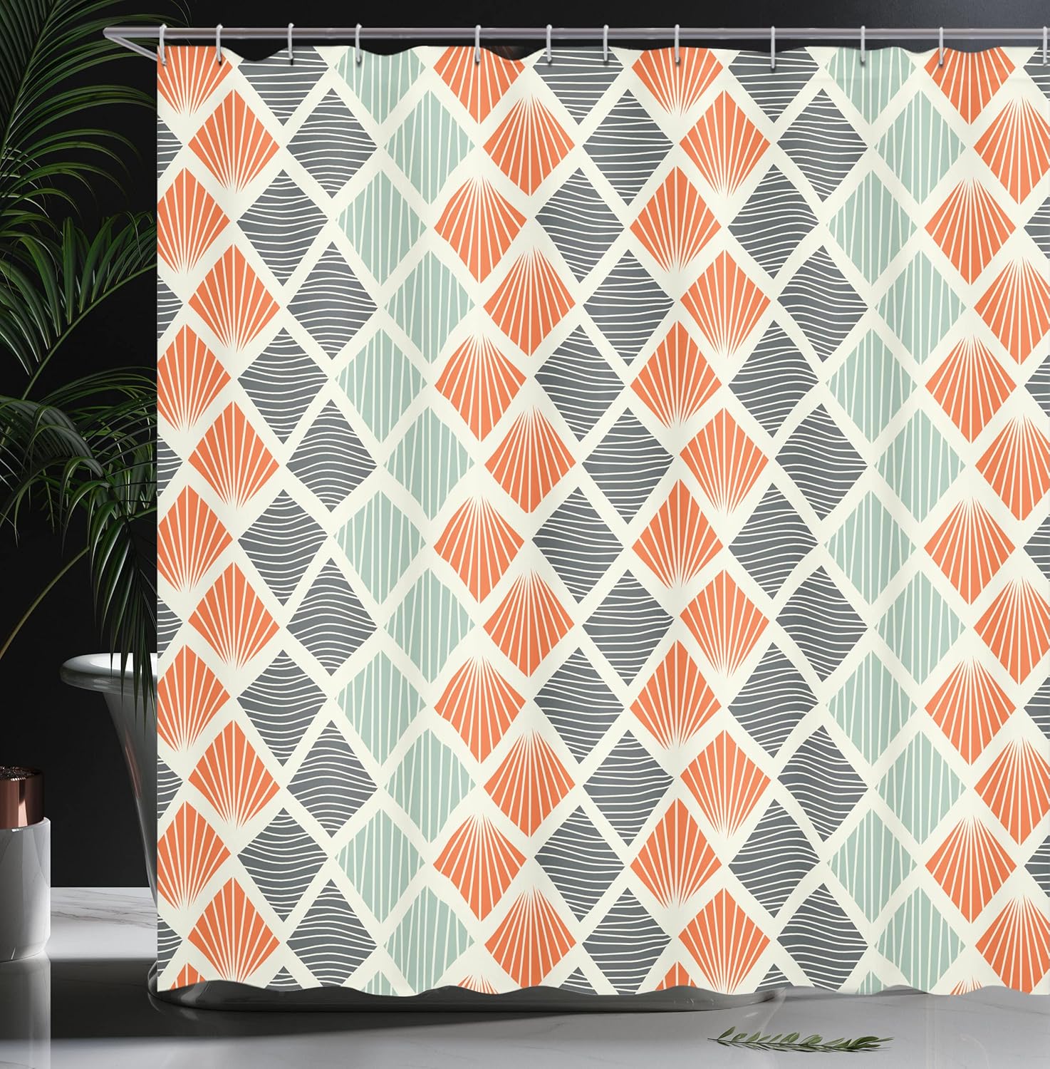 Ambesonne Geometric Shower Curtain, Pop Art Style Retro Pattern with Rhombus Fractal with Stripes Nostalgic Graphic Design of, Cloth Fabric Bathroom Decor Set with Hooks, 69" W x 75" L, Green Orange