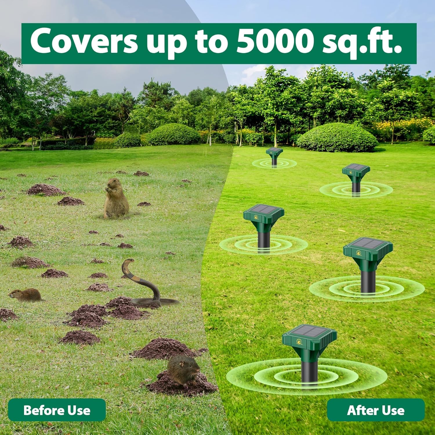 8 Pack Mole Repellent Solar Powered, IP65 Waterproof Gopher Chipmunk Repeller Outdoor, Groundhog Snake Repellent for Yard, Sonic Mole and Vole Deterrent Spikes, Effective Lawn and Garden Protection