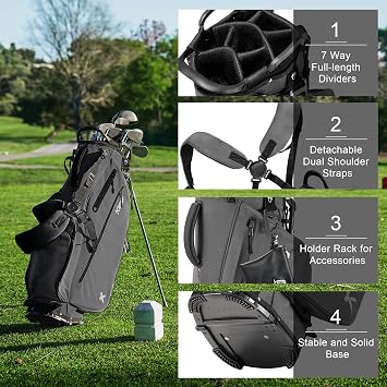 KVV Lightweight Golf Stand Bag with 7 Way Full-Length Dividers, 5 Zippered Pockets, Automatically Adjustable Dual Straps,Elegant Design