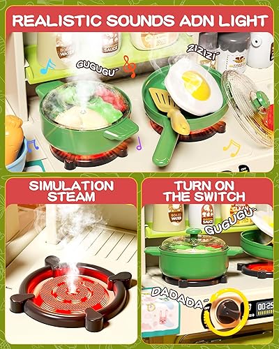 Miniatura 11 de Juego de cocina para niños de 33.8 pulgadas con sonido y luz, estufa de cocina con vapor, fregadero de juegos y accesorios de cocina de juguete