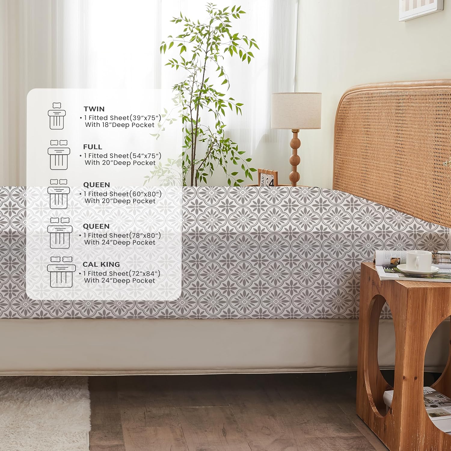 King Fitted Sheet Only,Microfiber Patterned Floral Fitted Sheet Deep Pocket 18 Inches, Ultra Soft & Wrinkle Resistant King Fitted Sheet Deep Pocket,Grey Vintage Floral