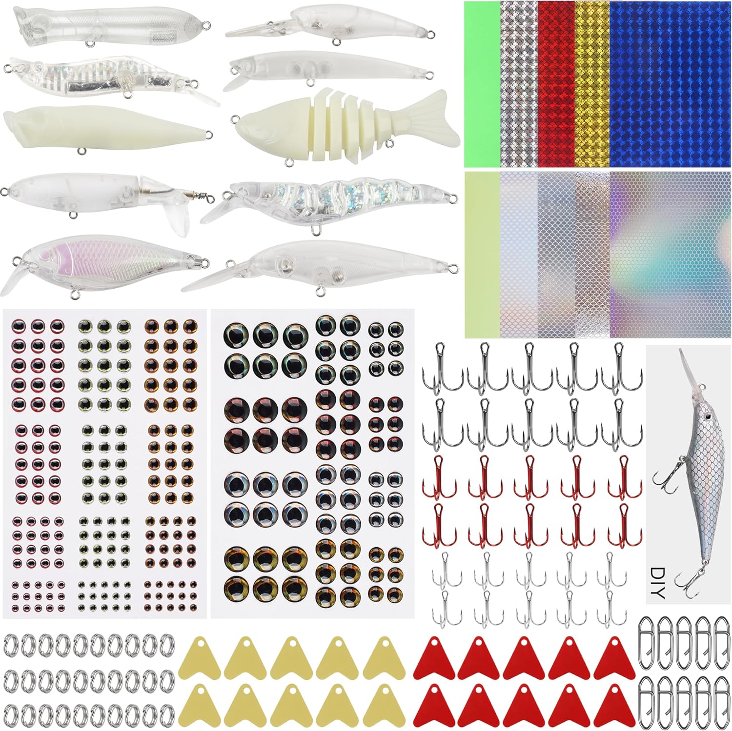Unpainted Fishing Lures Making Kit,375pcs DIY Blank Crankbaits Minnow Hard Bait Set Include Lure Tapes Eyes Treble Hooks Split Rings Speed Clips Make Your Own Fishing Lures