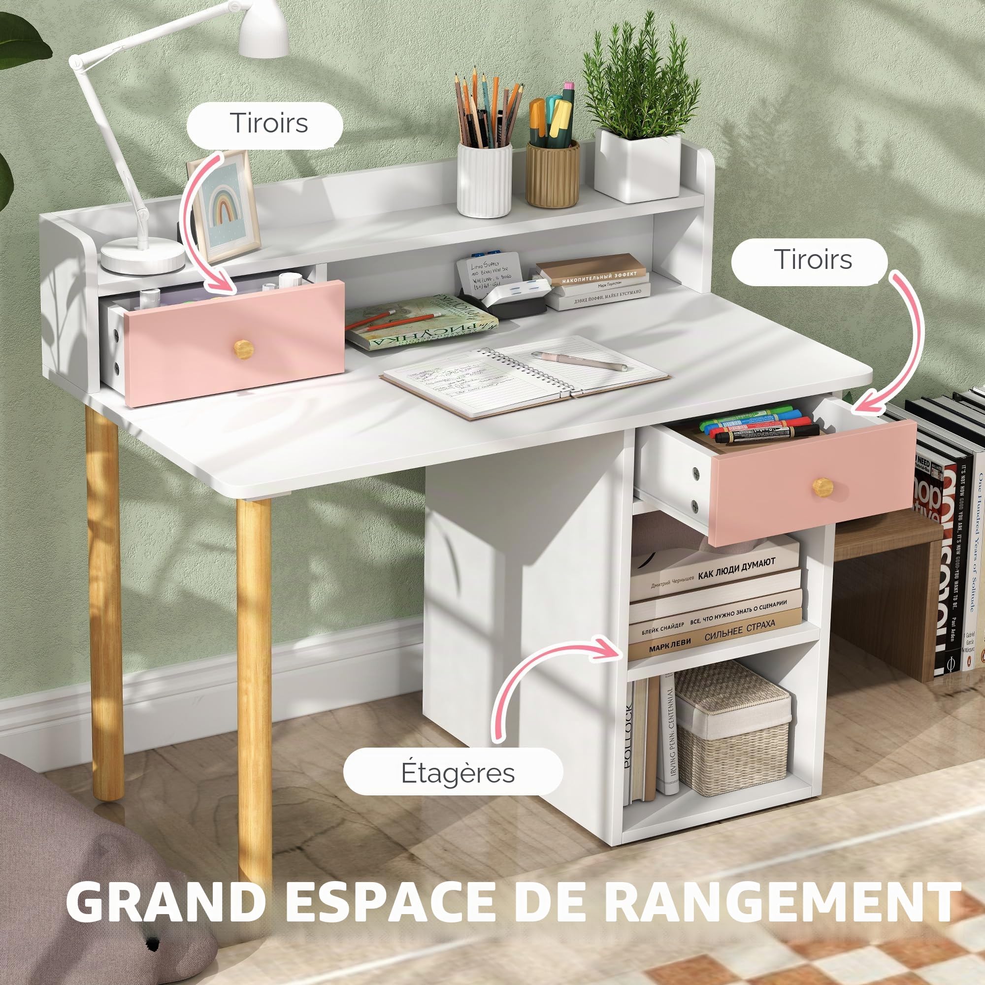 AIYAPLAY Bureau et chaise pour enfants +3 ans avec tiroirs et étagères - Rose et blanc