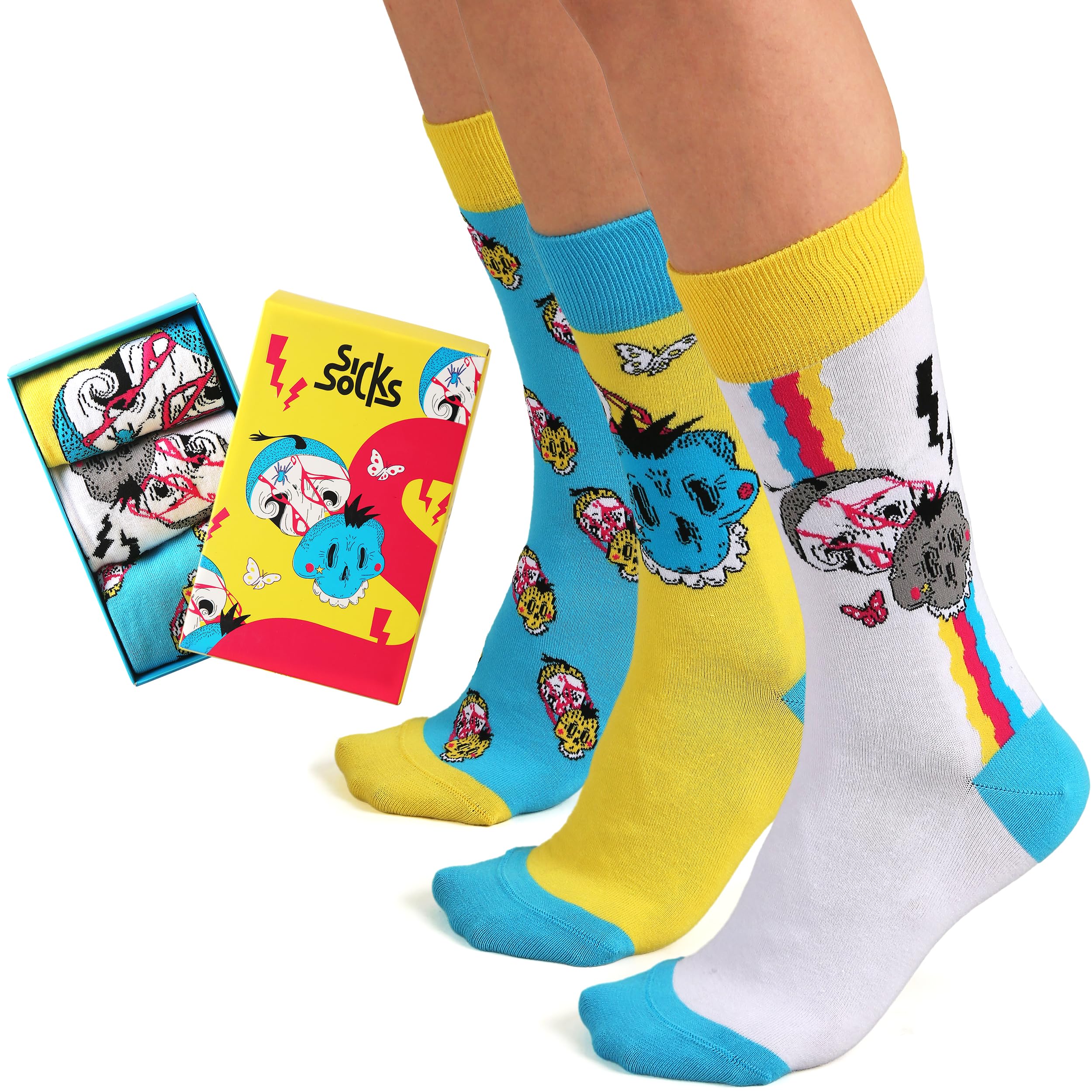 Sick SocksCandy Skull Socks - 3 pairs of Fancy Colorful Design Funny Novelty Socks, Colourful Crazy Trippy Skull design fun socks, Unisex UK size 5-9