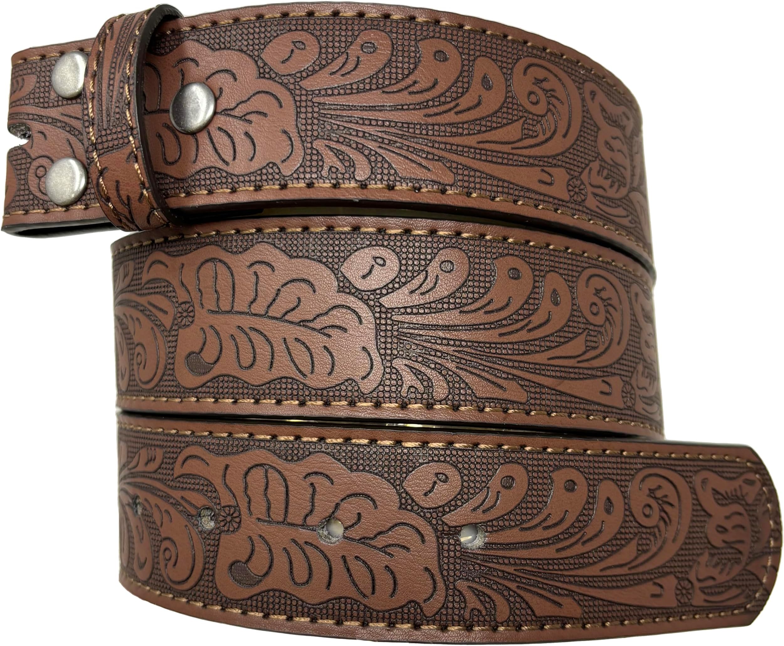 BC BeltsLeather Belt Strap with Embossed Western Scrollwork 1.5" Wide with Snaps