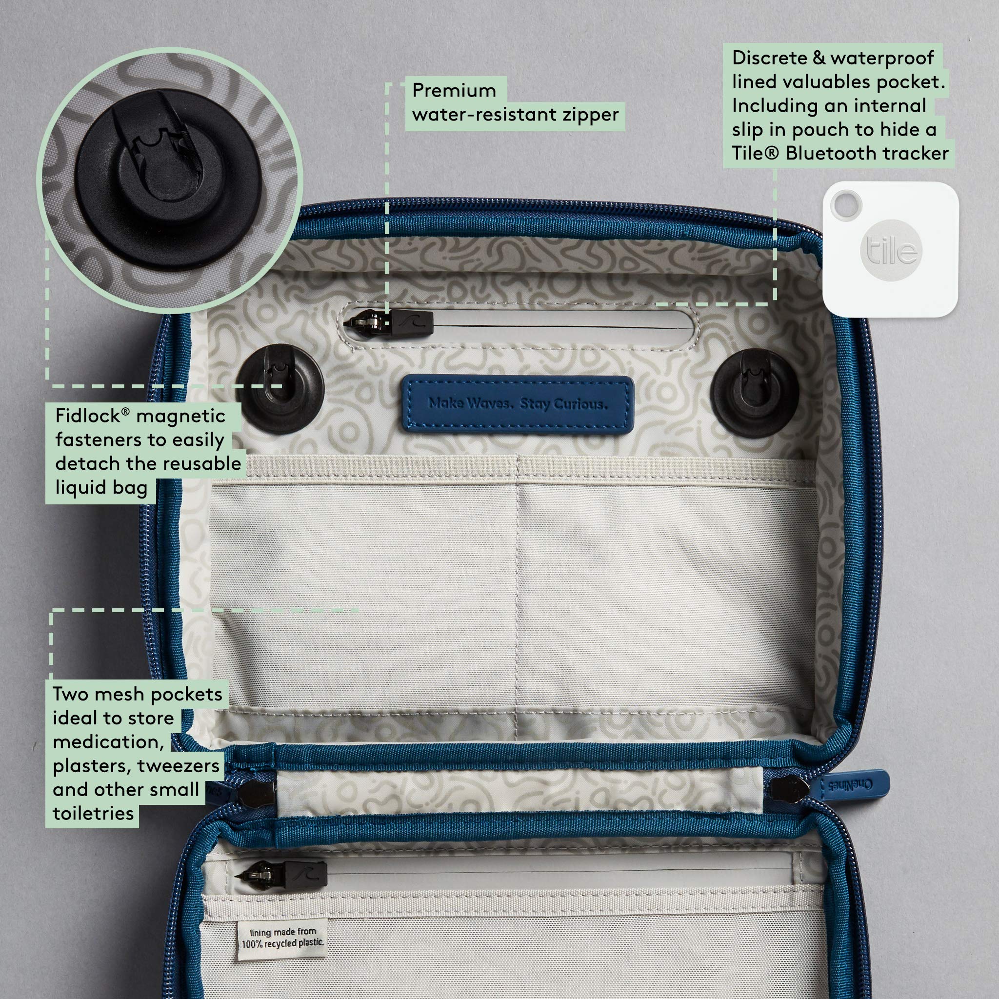 Eco-Friendly Travel Wash Bag, Toiletry Bag with 100% Recycled Plastic Lining & Hanging Hook