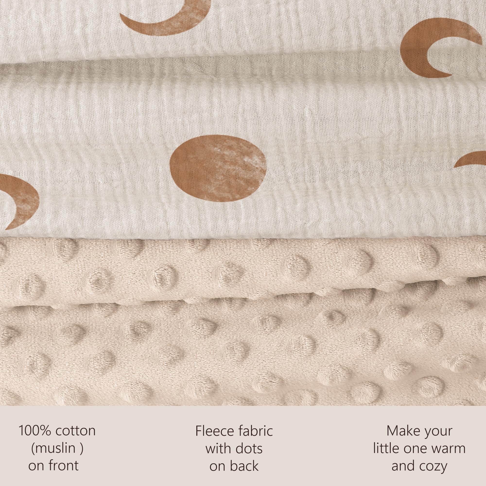 bearmoss Baby Blanket Soft Nursery Crib Blankets with Muslin Cotton Front and Dotted Fleece Back for Unisex Baby Girls Boys Newborns Toddlers 76x100cm (Brown Moon) - Image 3