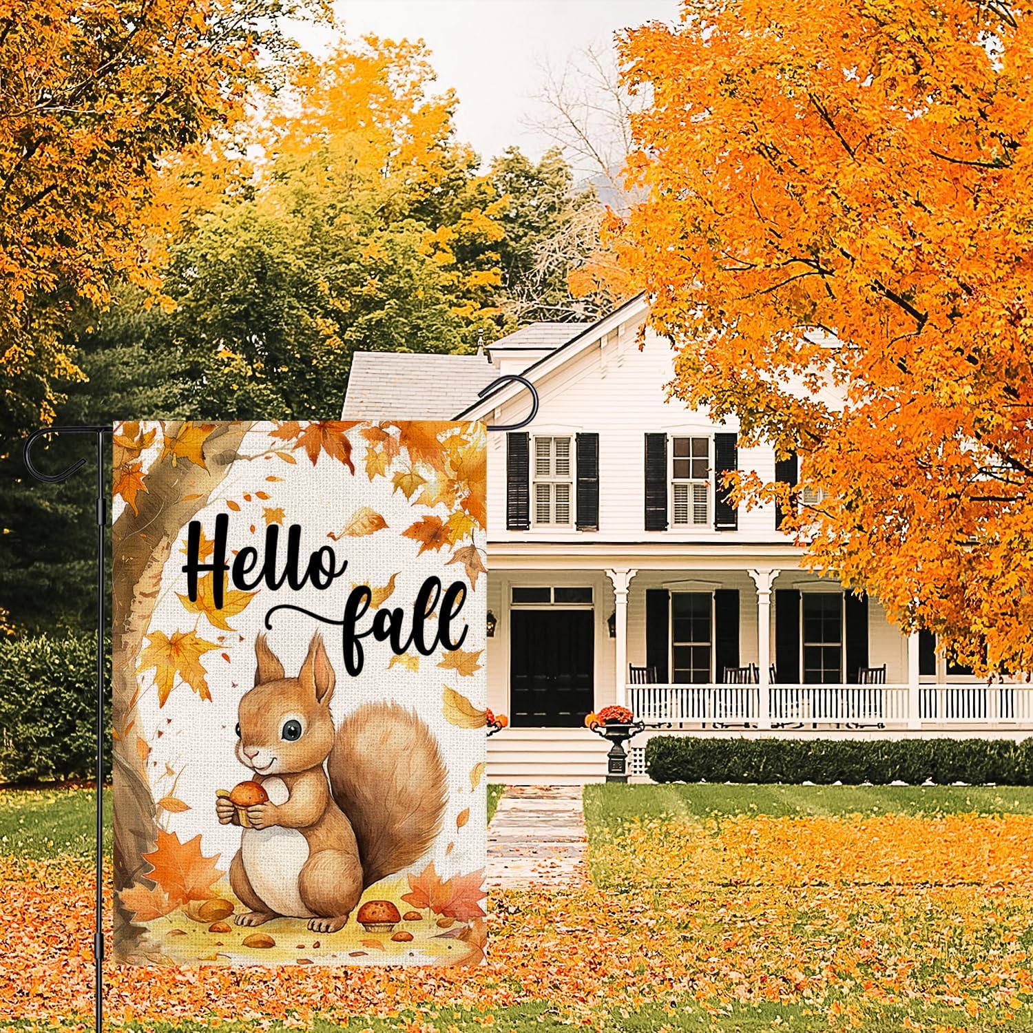Hello Fall Squirrel Garden Flag 12x18 Inch Double Sided for Outside, Thanksgiving Autumn Maple Tree Seasonal Small Yard Outdoor Flag - Image 2