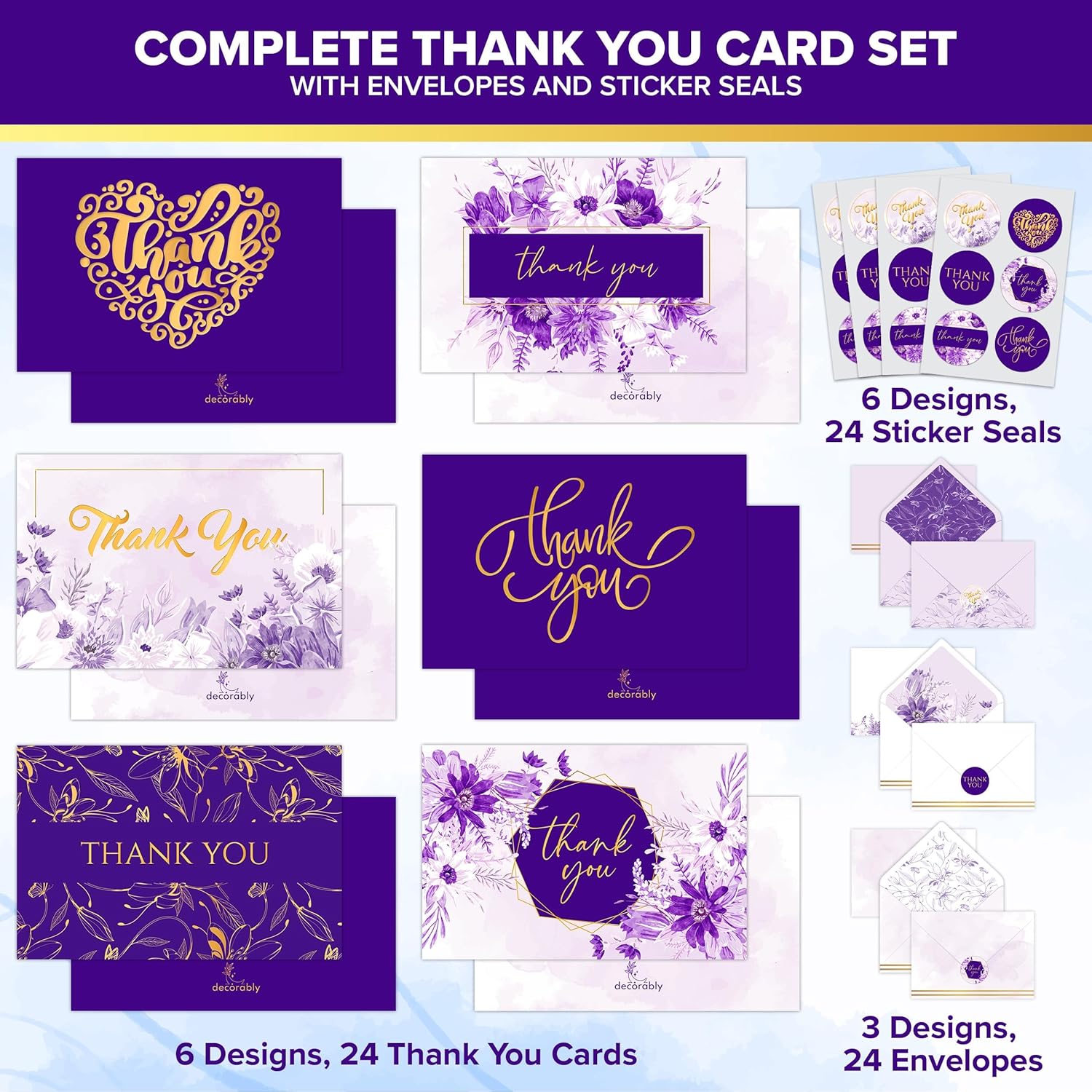 Decorably 24 Pack Gold Foil 6x4in Purple Thank You Cards with Envelopes and Stickers, 6 Elegant Designs for Friends, Family, Loved Ones, Blank Inside - All Occasions, Wedding, Gifting, Mailing - Image 2