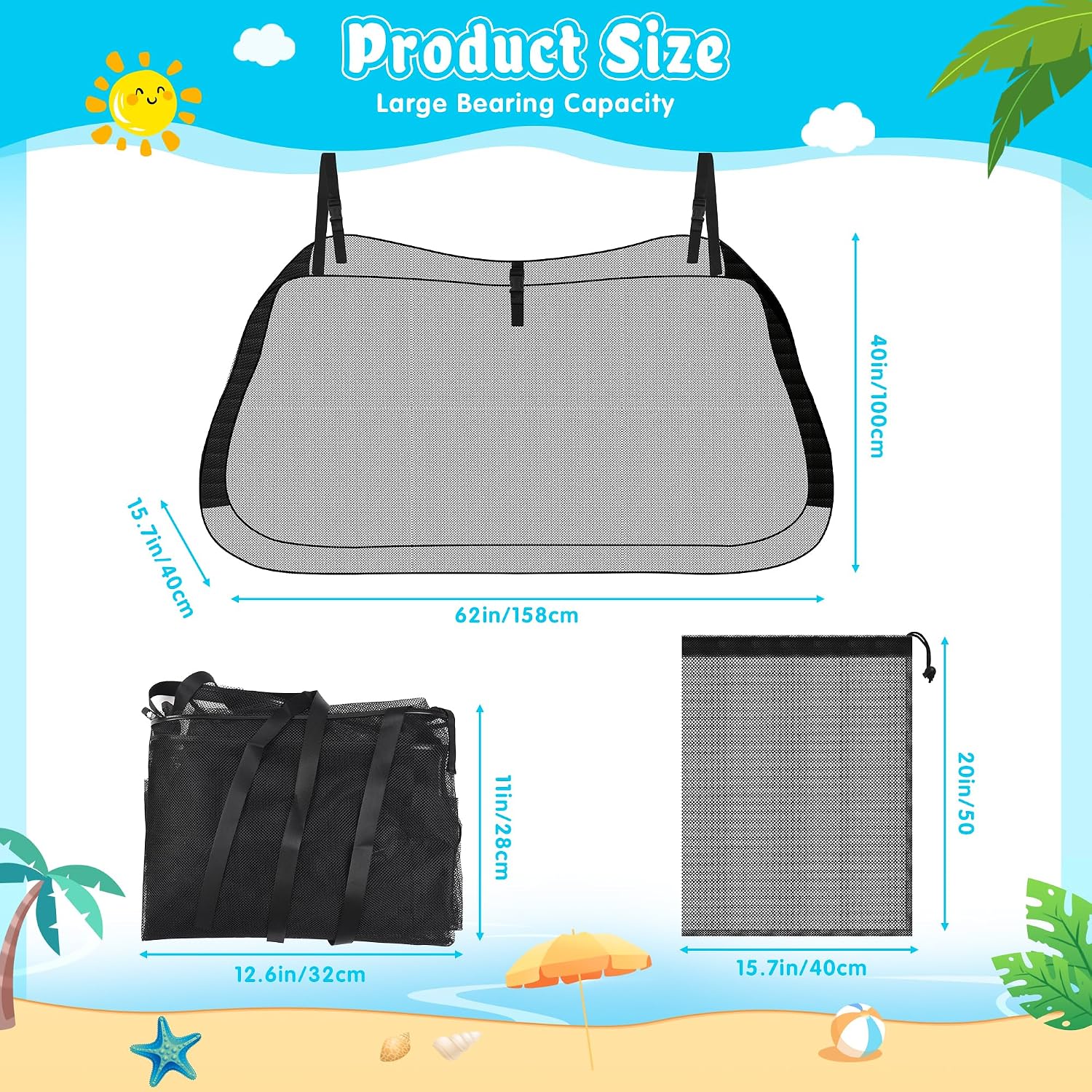 Pool Storage Bag,Adjustable Pool Toys Organizer Hanging Mesh with 2 Extra Mesh for Floats,Inflatable Toys, Pool Accessories-Heavy Duty Reinforced Attaches to Pool Side and Fence（62"Lx15.7"Wx40"H) image 2
