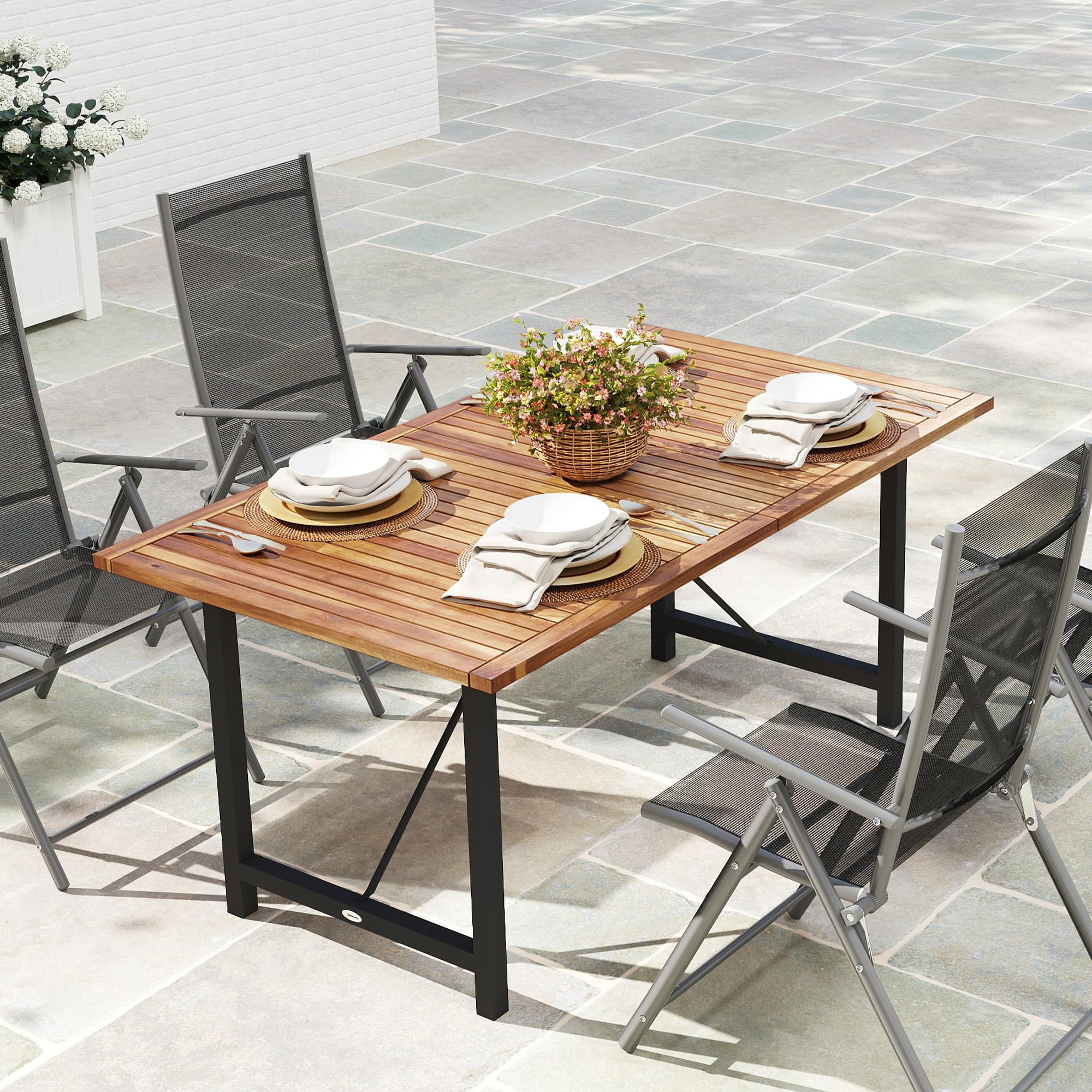 Outsunny Tavolo da Giardino Legno di Acacia e Acciaio, 160x90x75 cm Teak | Tavolo da Esterno Rettangolare, Piano a Doghe, Tavolino da Balcone, Patio, Terrazzo, Cortile, Esterno