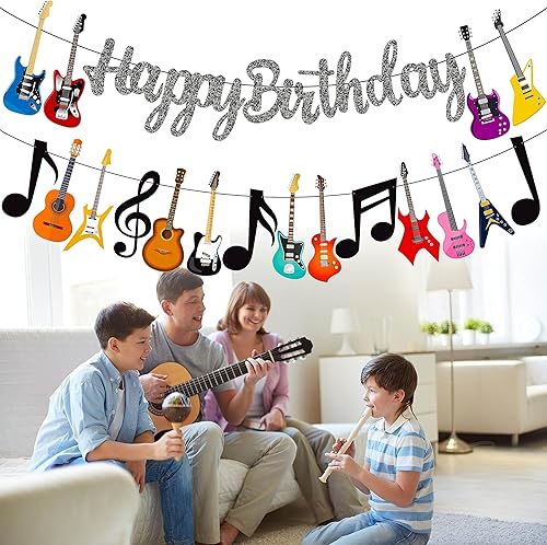 Miniatura 8 de Cartel de fiesta de cumpleaños de guitarra, decoraciones de notas musicales con 2 pancartas recortadas para suministros de rock y baby shower