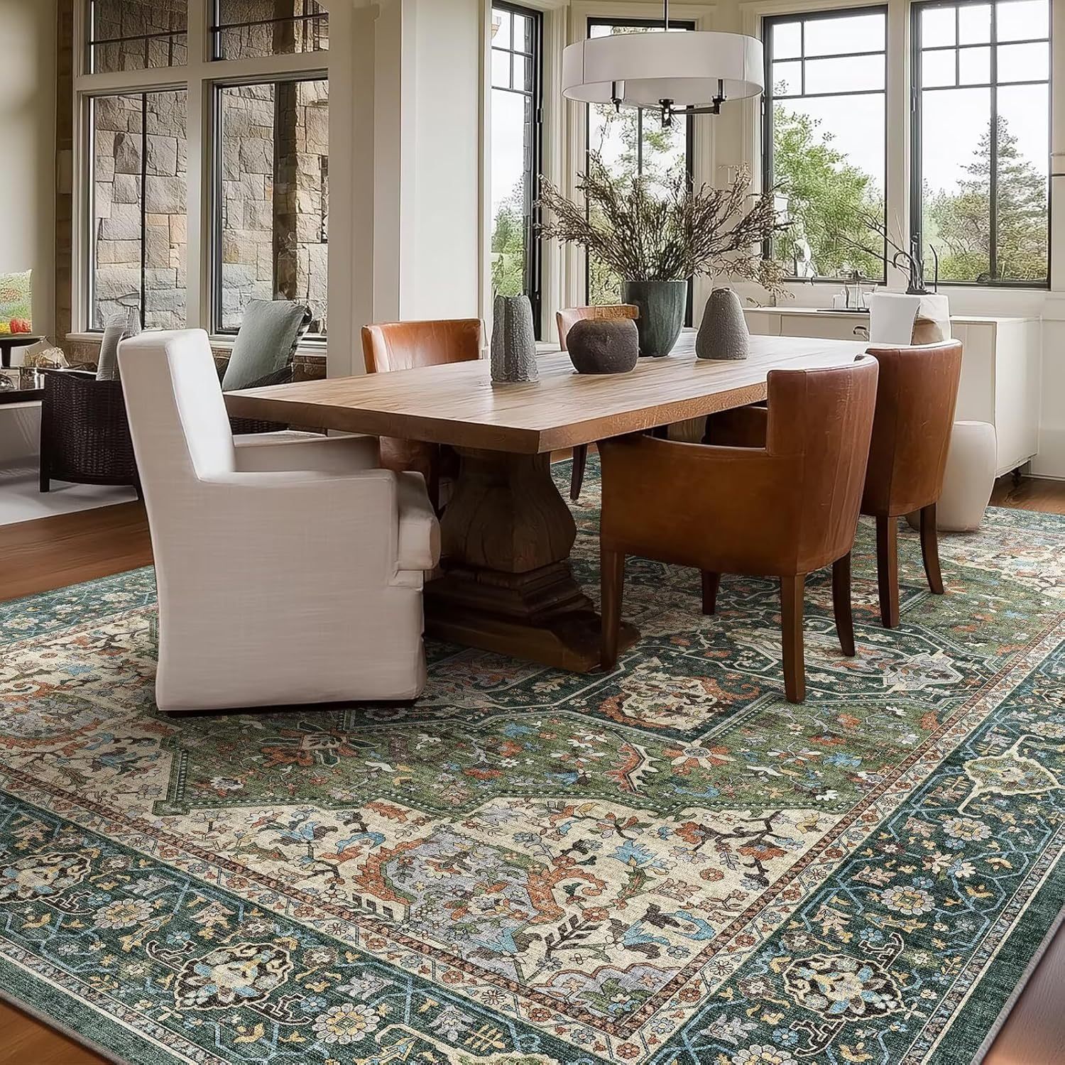 8x10 Area Rugs for Living Room, Washable Boho Non-Slip Vintage Distress Large Rugs for Bedroom Dining Room Nursery Office, 0.3" Neutral Oriental Throw Thin Carpet, Green/Multi