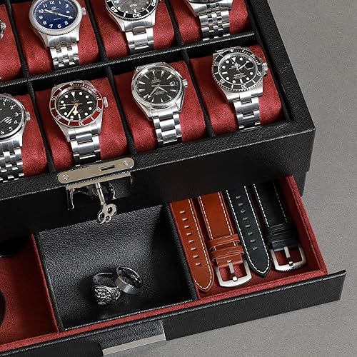 Vista 35 de ROTHWELL Caja de reloj de cuero de 10 ranuras con cajón de valet, organizador de exhibición de lujo con forro de microgamuza ultrasuave, soporte