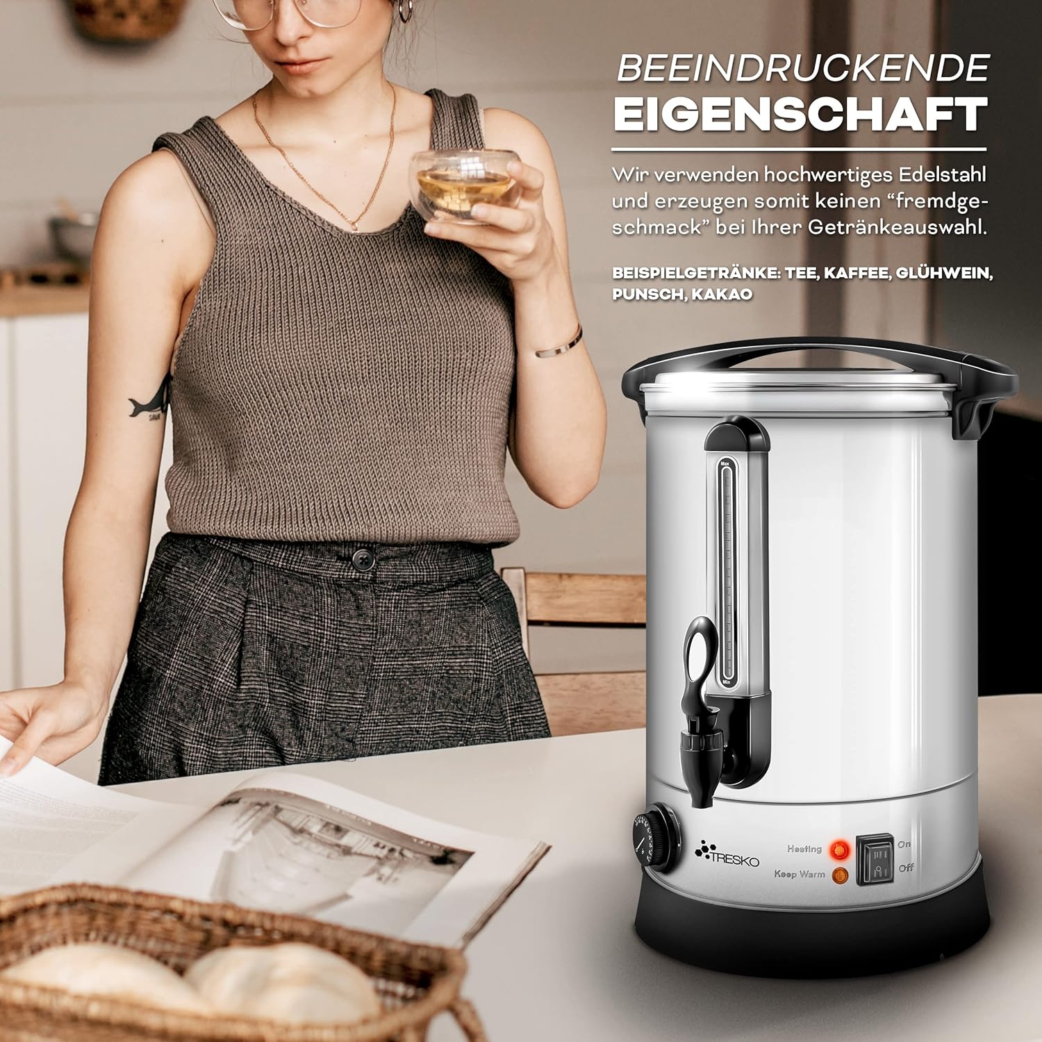TRESKO® Dispensador de Bebidas Calientes y Frías de Acero Inoxidable 20L | Acciaio Inox | 2500W | Hervidor de Vino, Agua Caliente, Té, Café | Caldera de Cocción Automática | Olla eléctrica