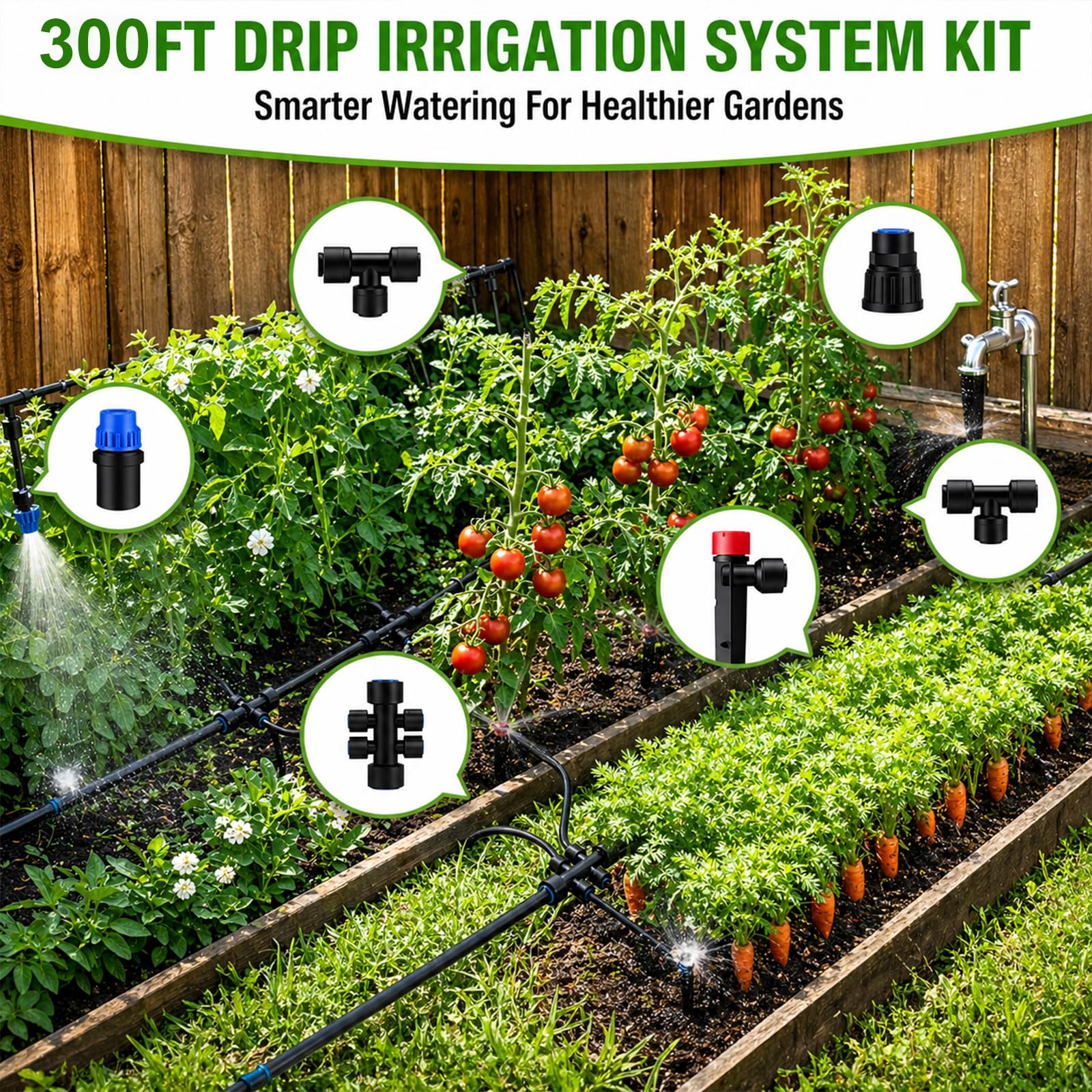 DANGZW Kit di irrigazione a goccia da 100 m, sistema di irrigazione automatica da giardino con tubi da 1,27 m e 60 m da 6,3 cm, spruzzatori regolabili per aiuole rialzate, prato, serra