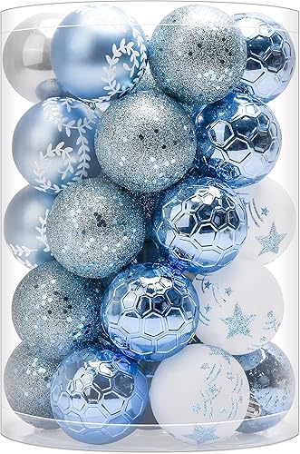 Adornos para árbol de Navidad azul y blanco decoraciones de Navidad, bolas de Navidad inastillables, adorno pequeño, 2.362 in  2.36 pulgadas, juego
