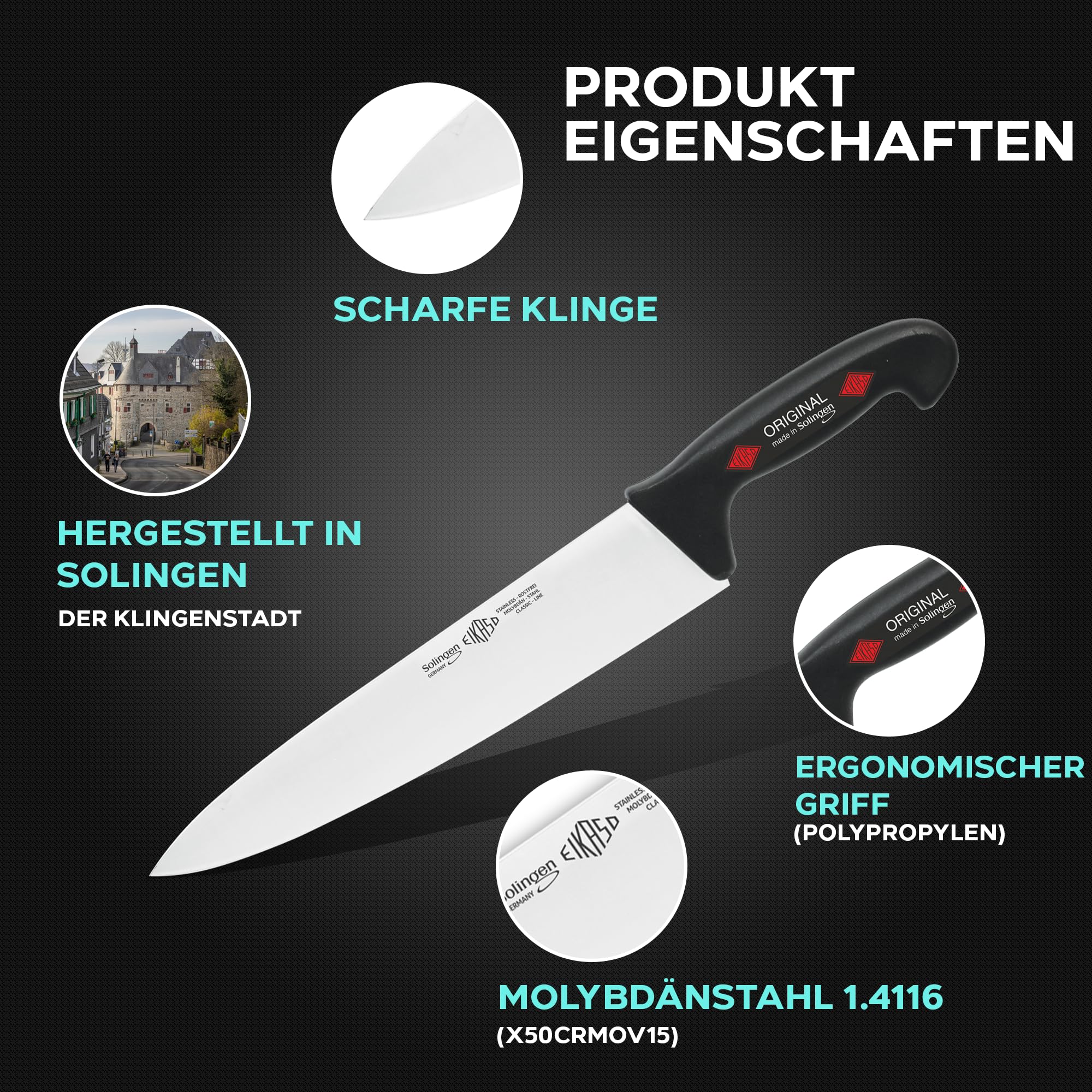 EIKASO Solingen Allzweckmesser Haushaltsmesserset für Profis und Privat Klinge aus Molybdänstahl 1.4116 Kochmesser Brotmesser Ausbeinmesser mit ergonomischen Griff