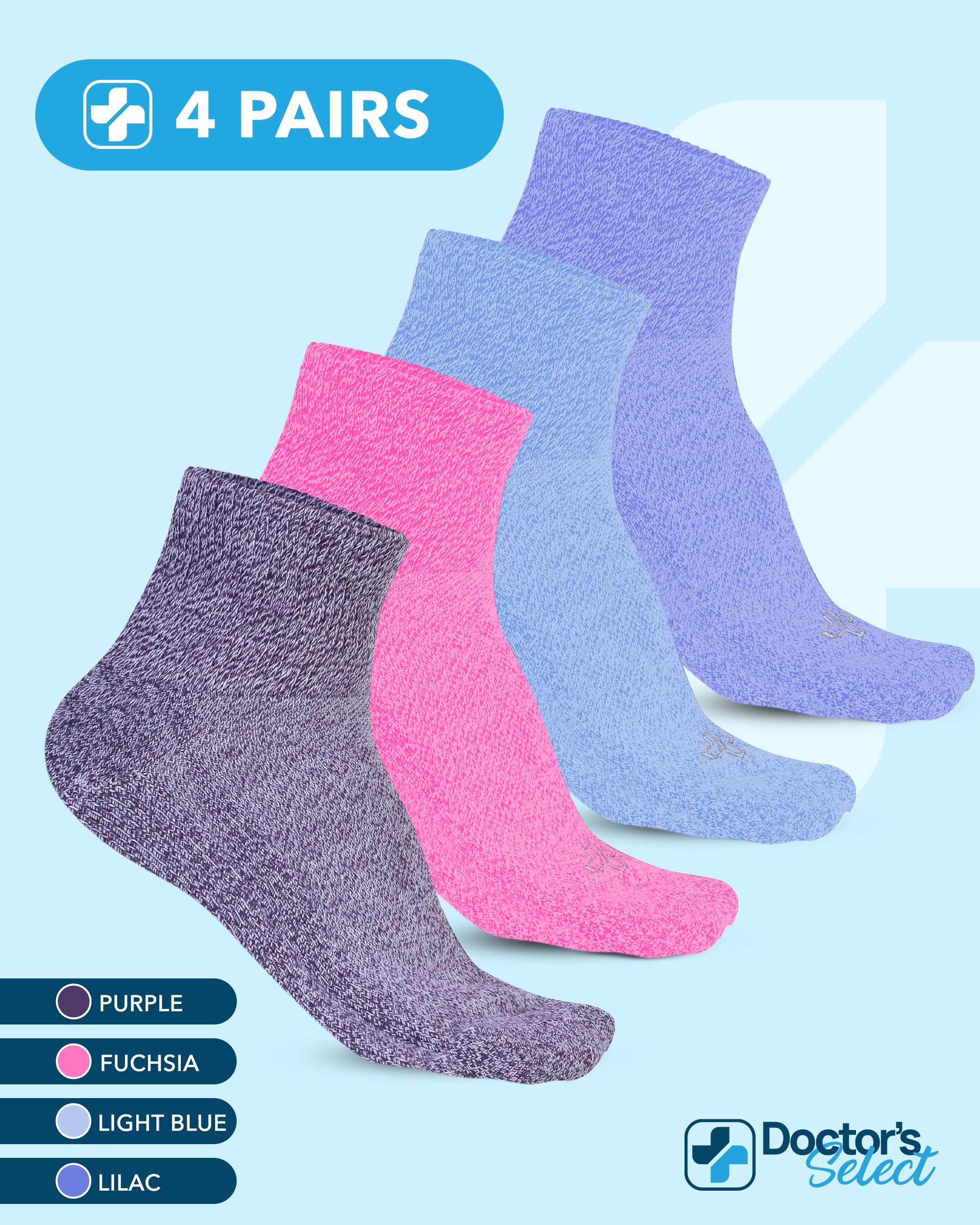 Doctor's Select Calcetines tobilleros para diabéticos para mujeres y hombres, 4 pares, calcetines unisex para adultos, Lila/rosa/azul claro/morado - 4 pares, Medium