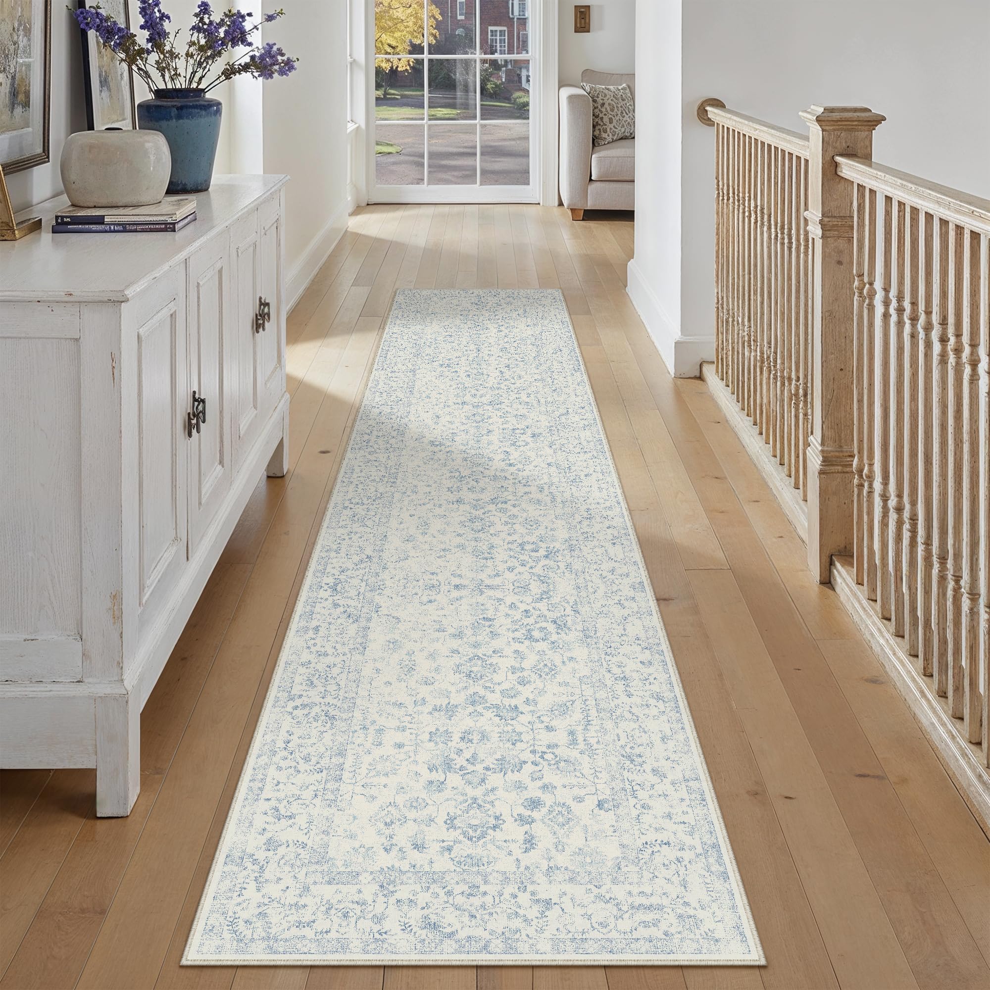 PureCozy 2x12 Blue Runner Rug Washable Hallway Non Slip Kitchen Vintage