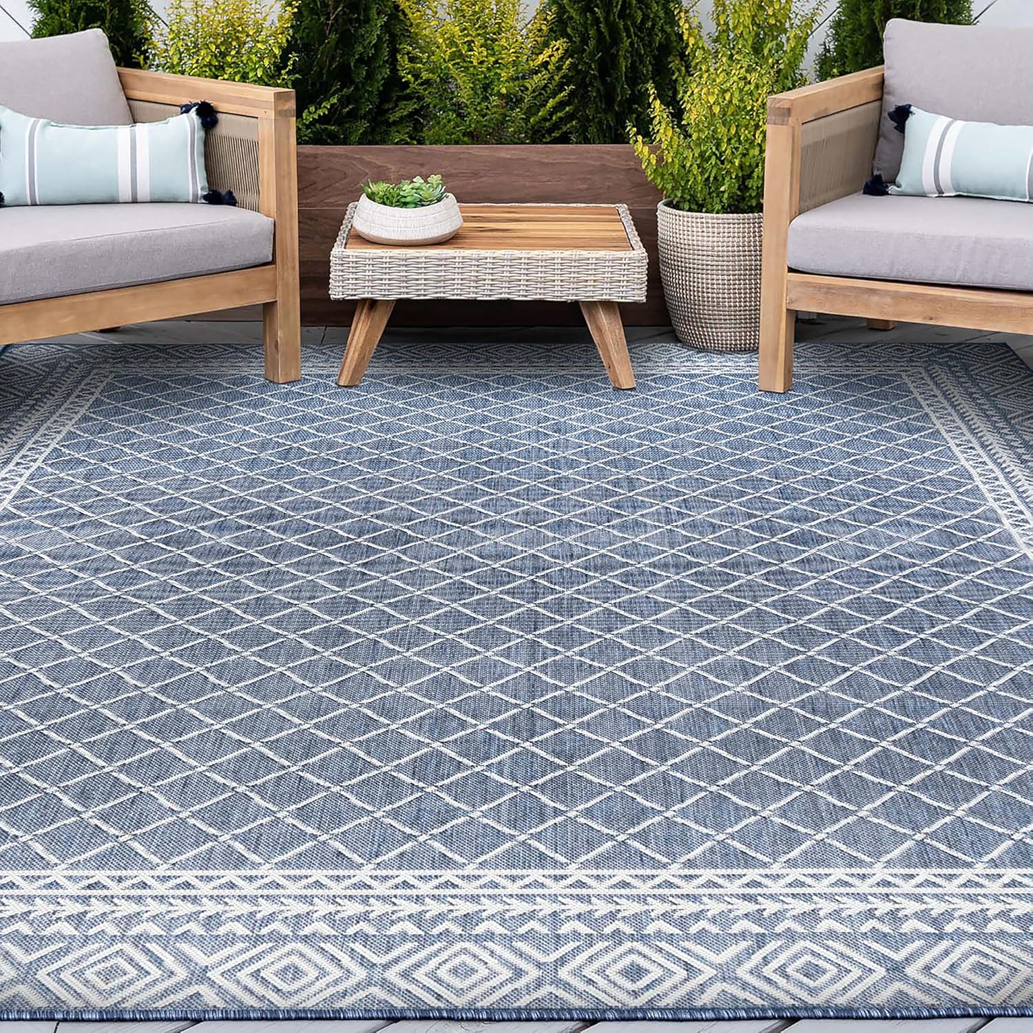 Water & Fade Resistant 4x6 Indoor Outdoor Rug for Patio, Deck, Porch, Entryway | Outside Area Rugs for Patios | 4' x 5'3'' Blue