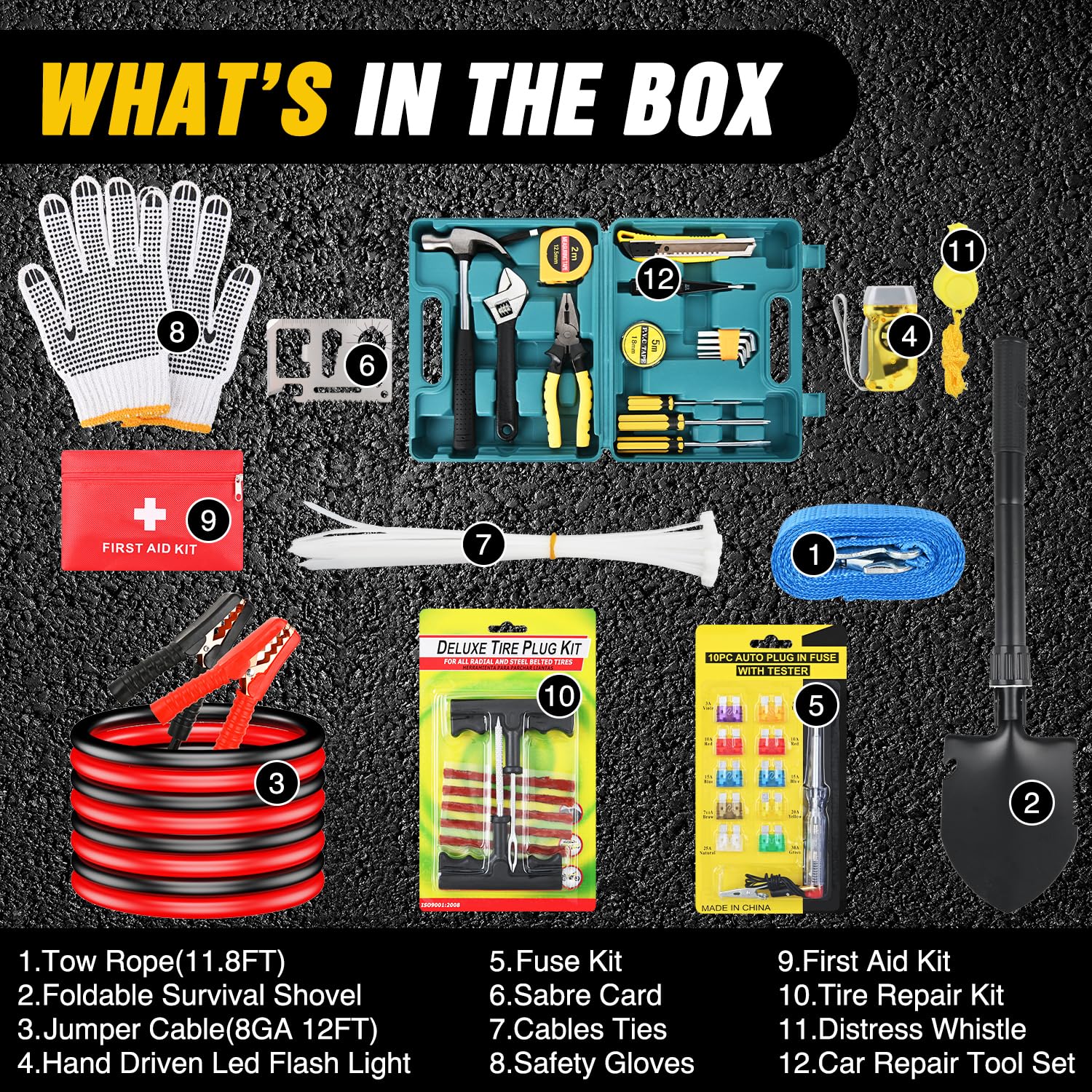 Nilight Car Emergency Kit with Jumper Cable Air Compressor Tire Repair Essential Tools First Aid Alligator Connector Electrical — view 2