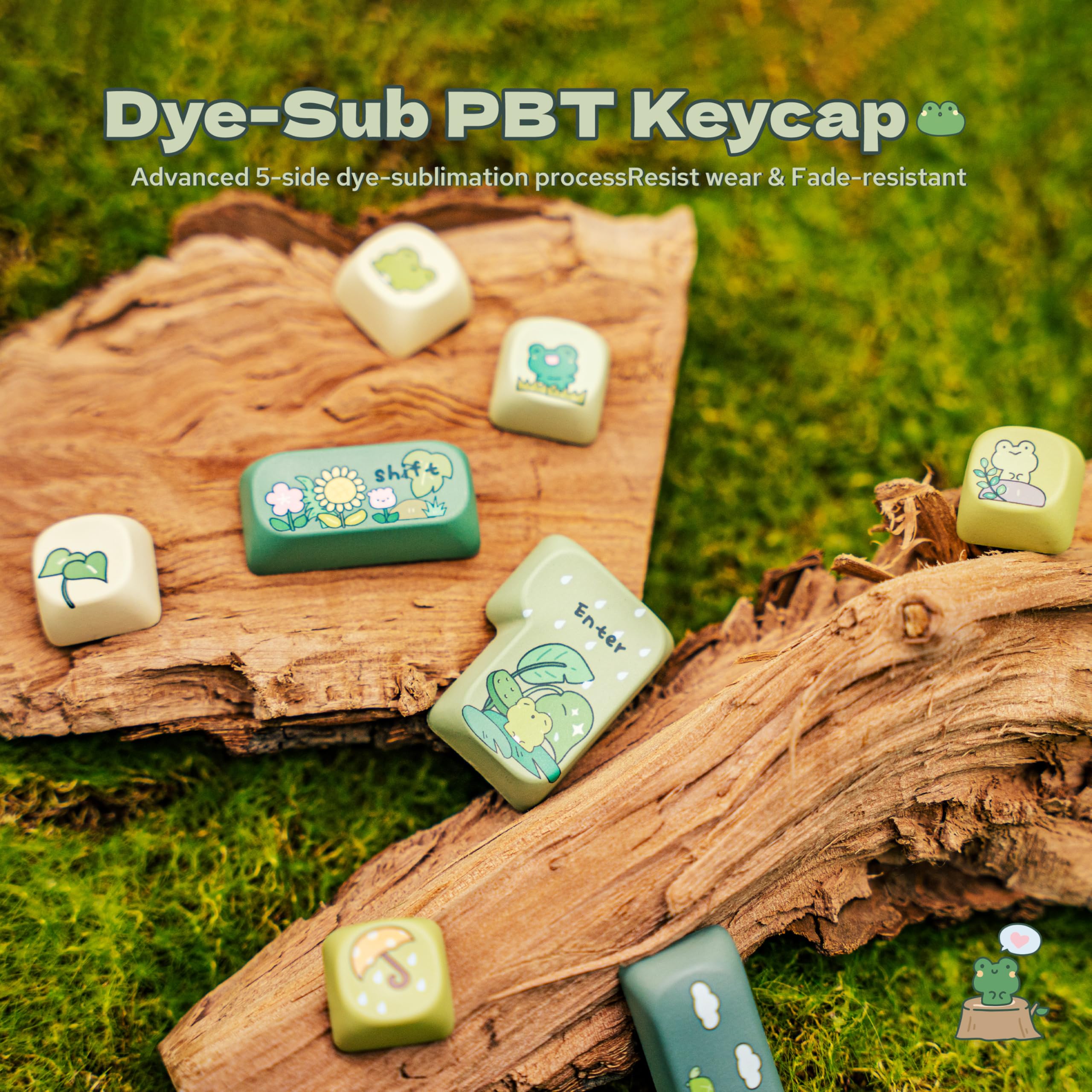 KiiBOOM X Cosydiaries Rainy Froggy Day - Set di copritasti con profilo MOA, 143 tasti, copritasti personalizzati in PBT, per tastiera meccanica, compatibili con ANSI/ISO, 60%, 65%, 75%, TKL, layout
