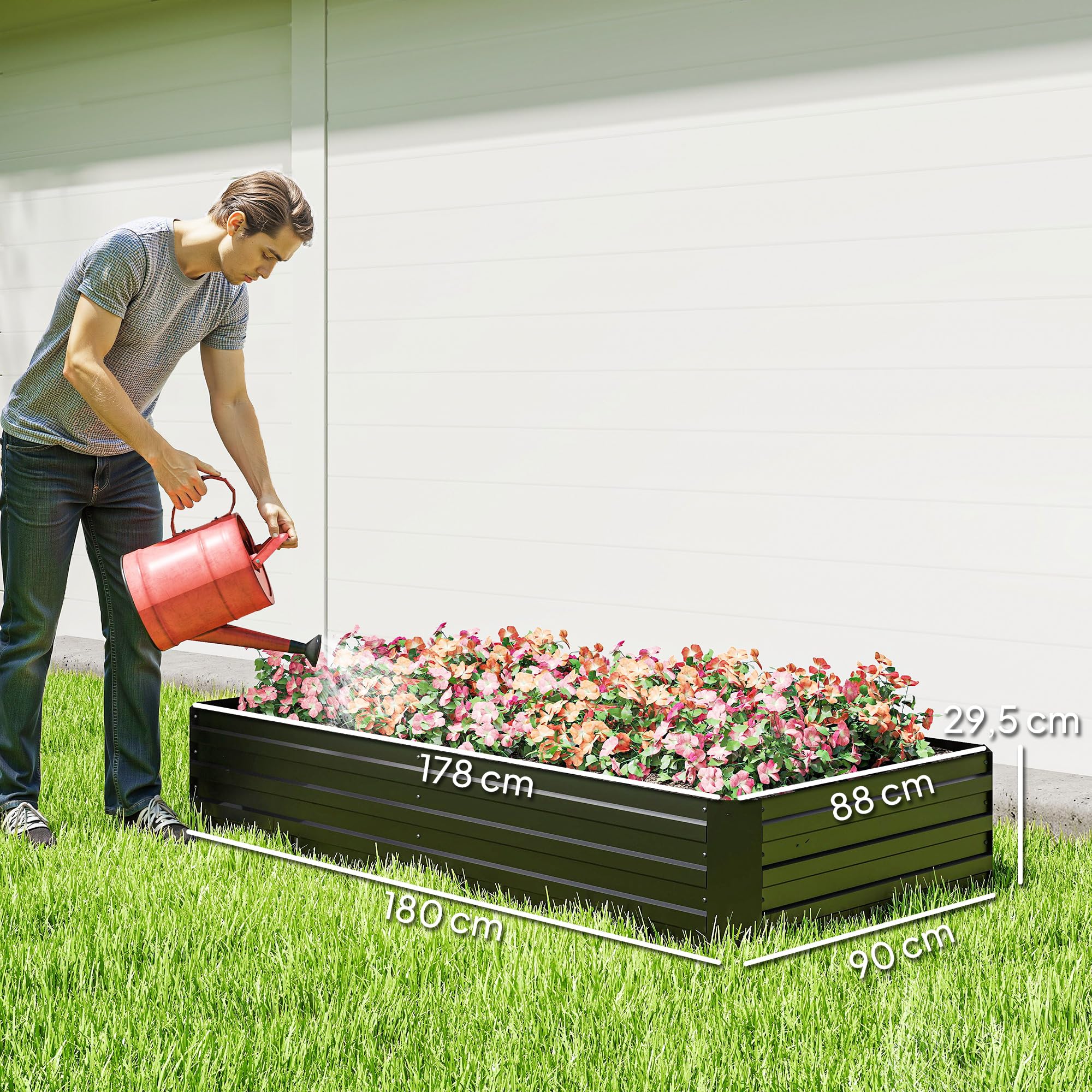 Outsunny Carré Potager Grande Capacité 180 x 90 x 29,5 cm Noir | Jardinière Rectangulaire, Acier Galvanisé, avec Tuteurs, pour Tomates et Plantes Grimpantes