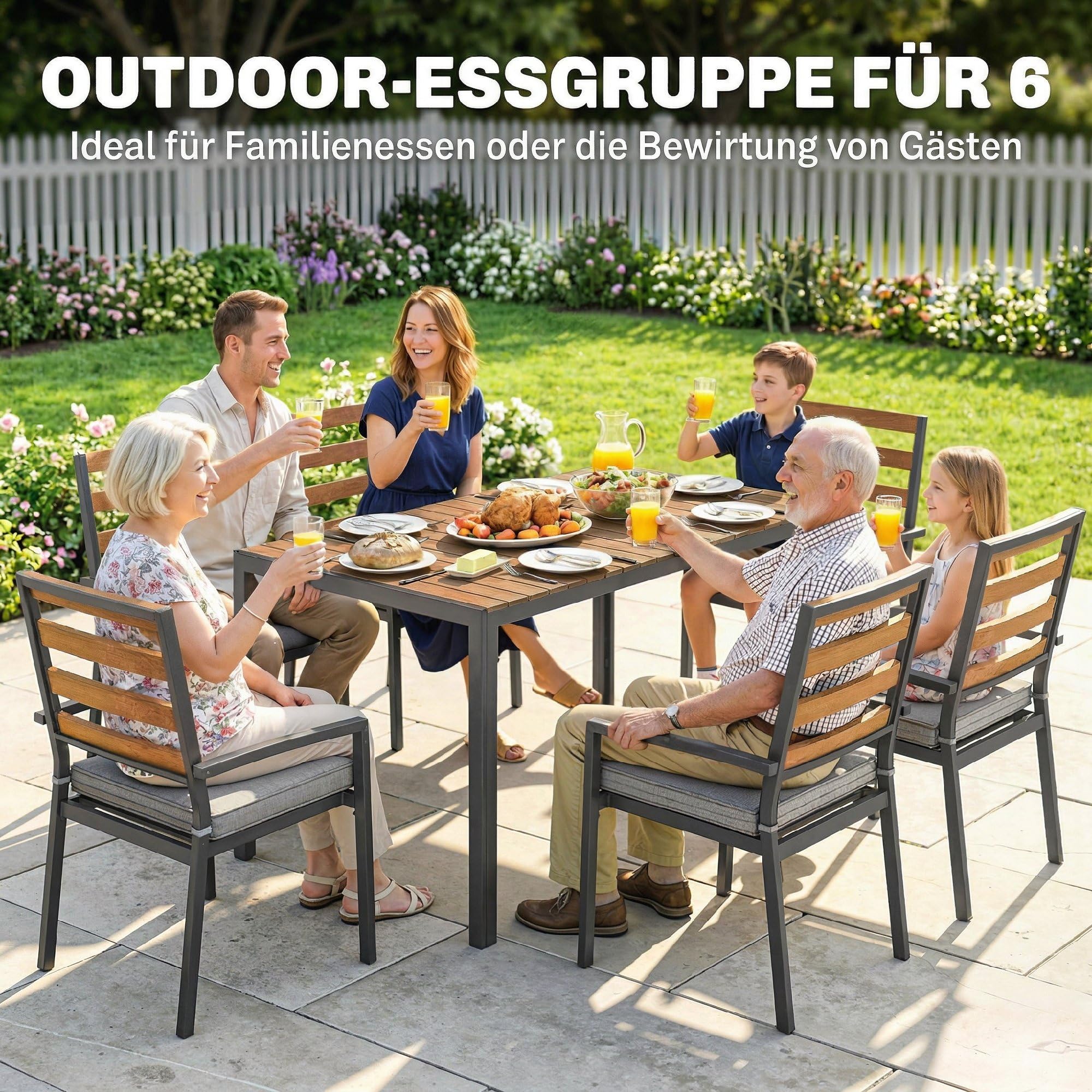 Outsunny 7 TLG. Sitzgruppe Gartenmöbel-Set, Gartengarnitur mit 1 Esstisch, 6 Stühlen, Sitzgarnitur mit Kissen, für Terrasse, Naturholz